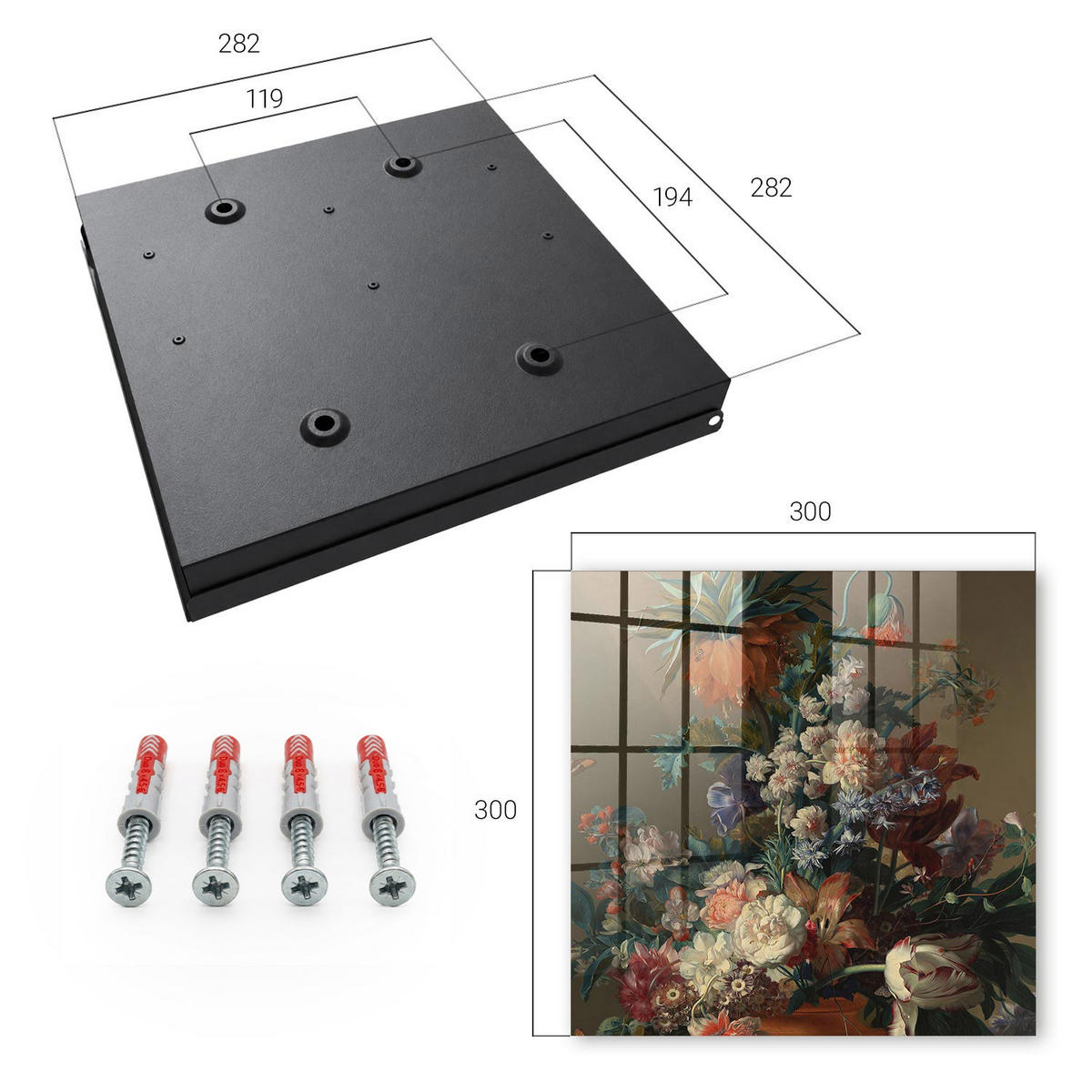 SCHLÜSSELBOX Schwarz 30x30 cm- Türöffnung nach rechts - Blumenstrauß - Grün, Metall (30/30/5cm) - TULUP