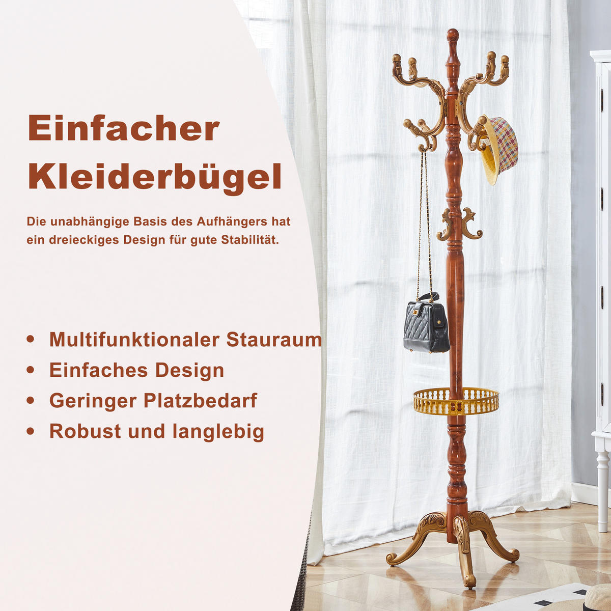GARDEROBENSTÄNDER massivholz in holz- & gold-optik mit regenschirmhalter und mehrstöckigen haken - Eichefarben, Holz (50/195/50cm) - Urban Meuble