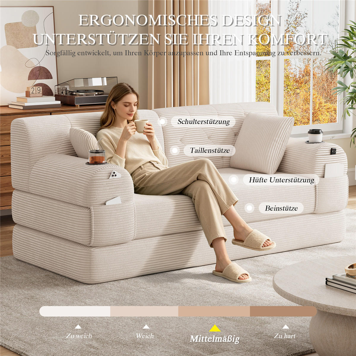 SCHLAFSOFA 2-Sitzer Cord Lounge mit Taschen & Getränkehaltern, Beige - Beige, Textil (168/81/80cm) - Kaket