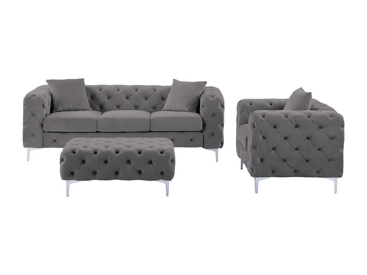 CHESTERFIELD-SOFA 3-Sitzer, Chesterfield-Sessel & Chesterfield-Hocker - Samt - Anthrazit - EDWINA - Anthrazit, Textil (91/76/220cm) - Vente-Unique