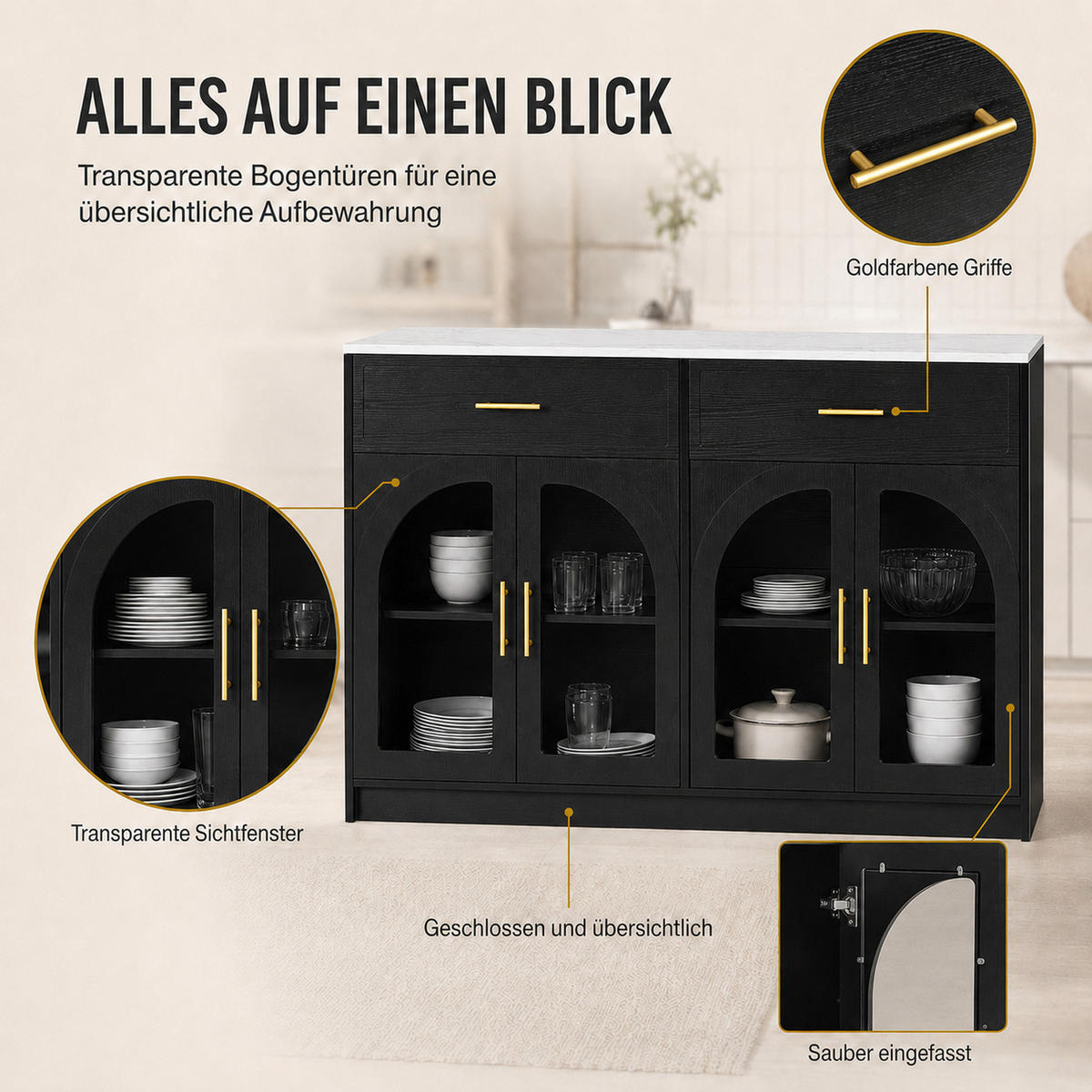 KÜCHENINSEL DE-41097 135/55/91 cm mit LED-Beleuchtung Schwarz - Schwarz, Holzwerkstoff (135/91/55cm) - ComfortXL