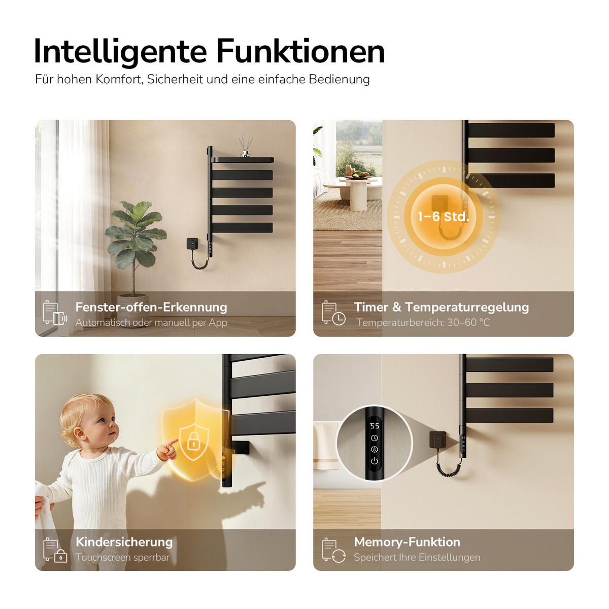 HEIZKÖRPER Handtuchheizkörper Intelligentes Heizsystem mit Ablage Schwarz 76/45 cm - Schwarz, Metall (45/76/14cm) - EMKE
