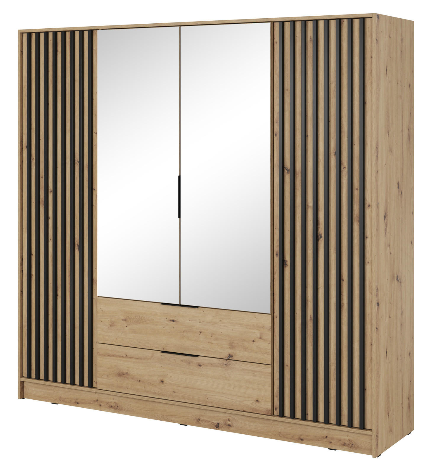 KLEIDERSCHRANK Stilo in Eiche Artisan, viertürig, mit Spiegel und Lamellen an der Front - Schwarz/Eiche Artisan, Holzwerkstoff/Kunststoff (206/200/51cm) - Ravio