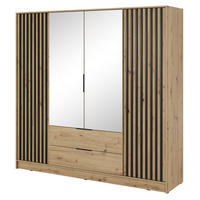 KLEIDERSCHRANK Stilo in Eiche Artisan, viertürig, mit Spiegel und Lamellen an der Front - Schwarz/Eiche Artisan, Holzwerkstoff/Kunststoff (206/200/51cm) - Ravio