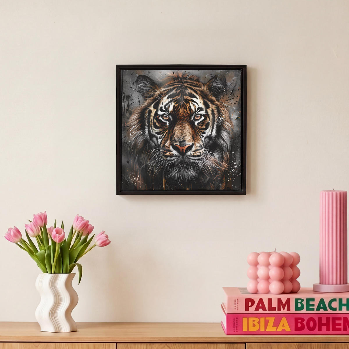 LEINWAND Bilder mit Rahmen - Tiger - Tiere - Porträt - Luxus - Schwarz - 20x20 - Braun, Textil (20/20cm) - MuchoWow