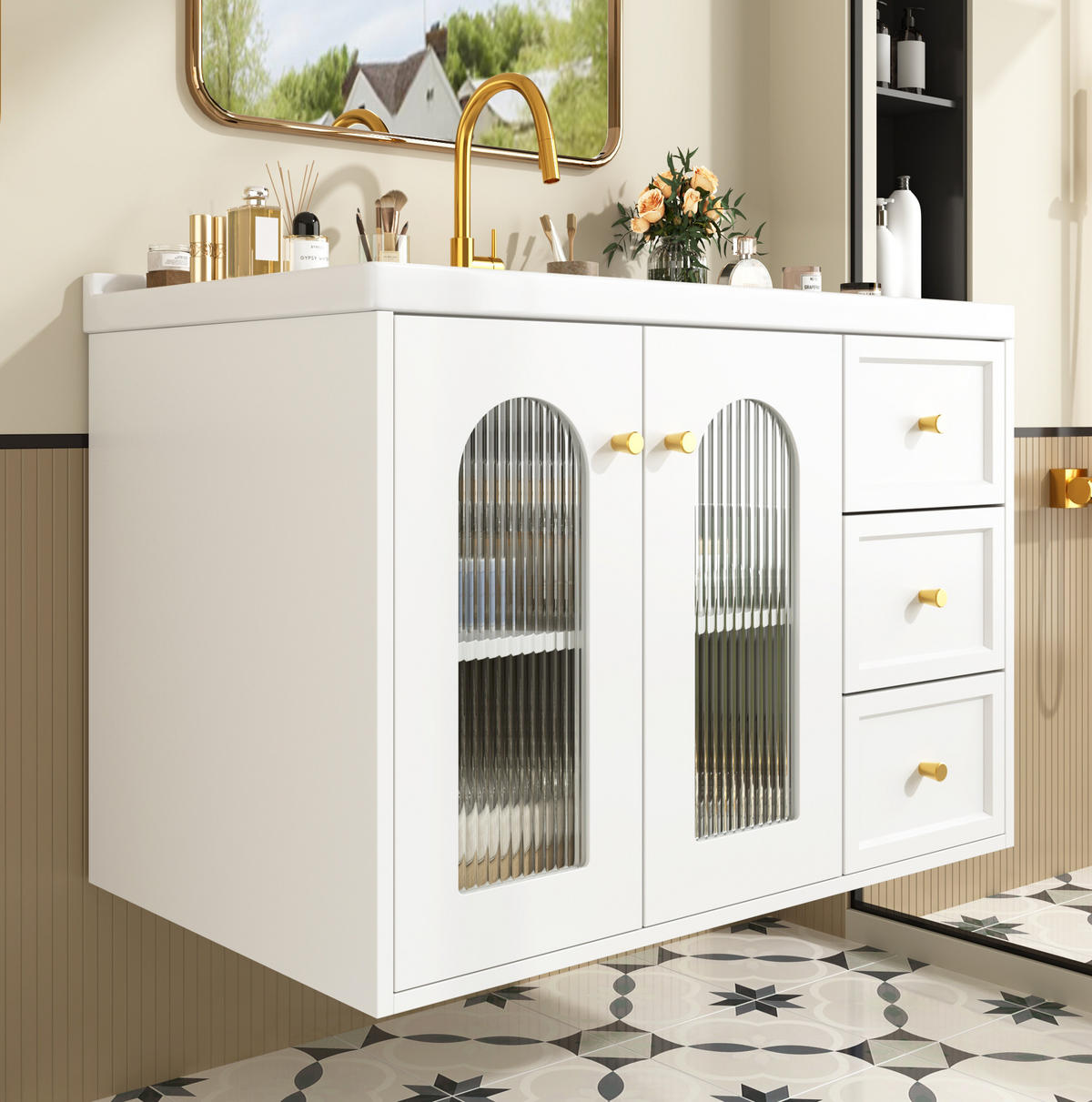 WANDMONTIERTER Badschrank mit Keramikwaschbecken 80x50x58 cm Weiß, 2 Schubladen, verstellbare Einlegeböden, modernes Design - Weiß, Holzwerkstoff (80/58/50cm) - Modfu