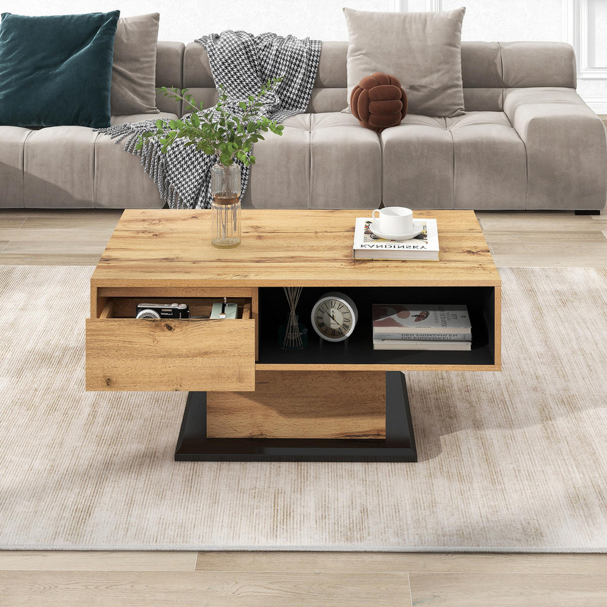 COUCHTISCH Holzmaserung Grifflose Schublade Doppelseitig Stauraum Büro - Braun, Holz (113.5/70/13cm) - FLIEKS