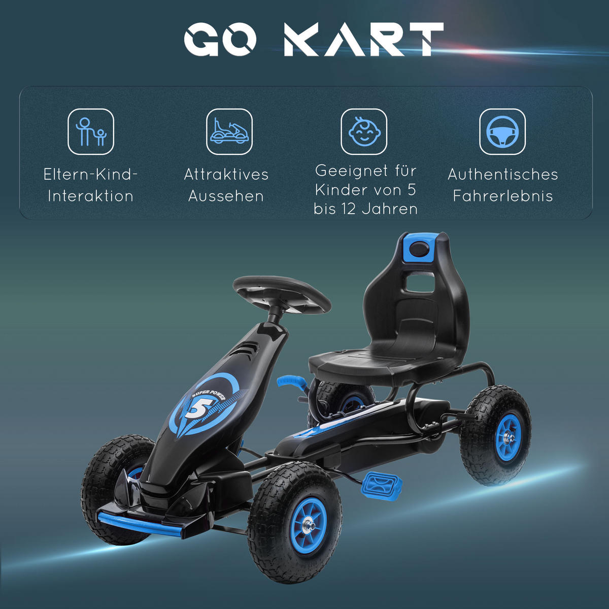 KINDER GO KART TRETAUTO, Blau+Schwarz/Grün+Schwarz/Rot+Schwarz, Metall - Blau, Metall (121/58/61cm) - HOMCOM