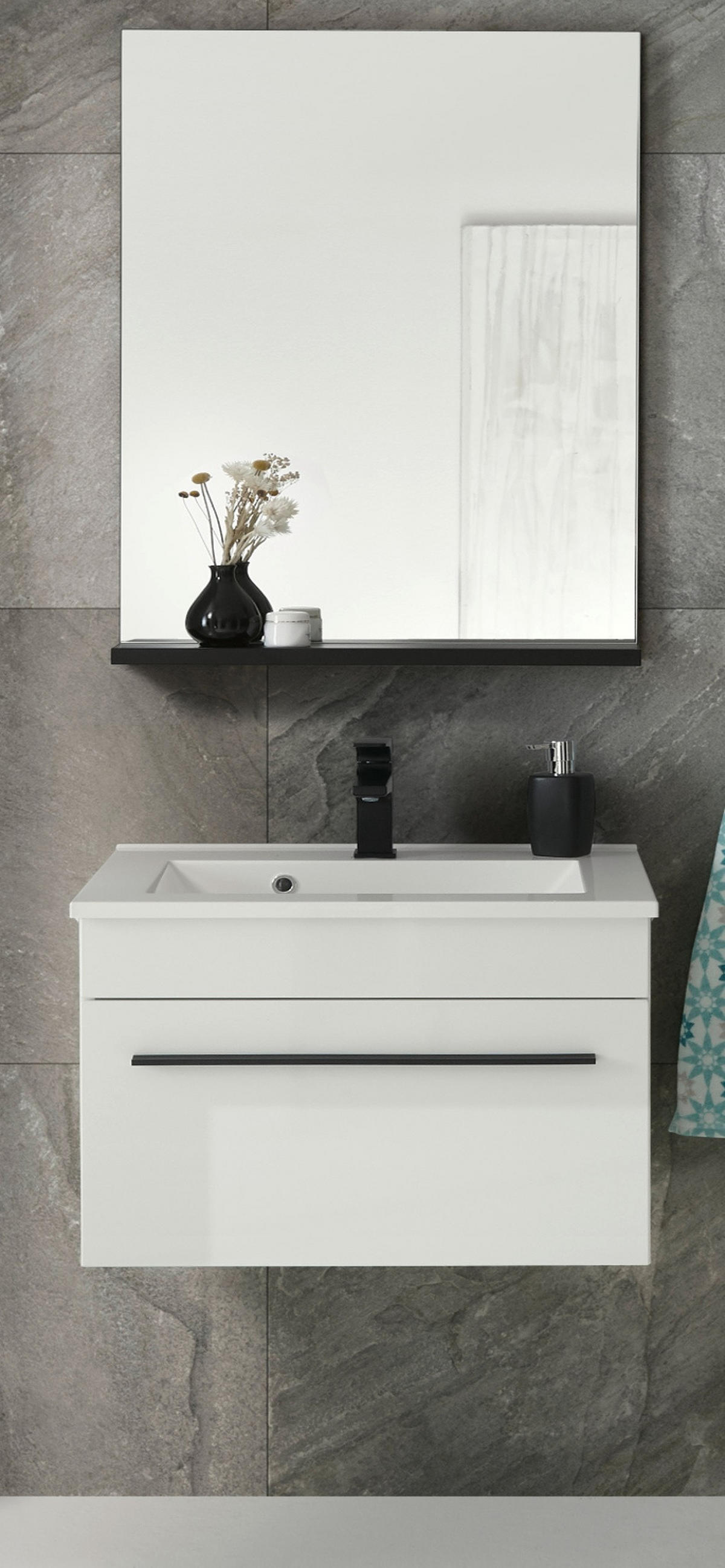 BADMÖBEL-SET weiß Hochglanz schwarz, Badkombination MIT Waschbecken, 60 x 200 cm - Weiß Hochglanz/Schwarz, Holzwerkstoff/Kunststoff (60/200/45cm) - Furn.Design