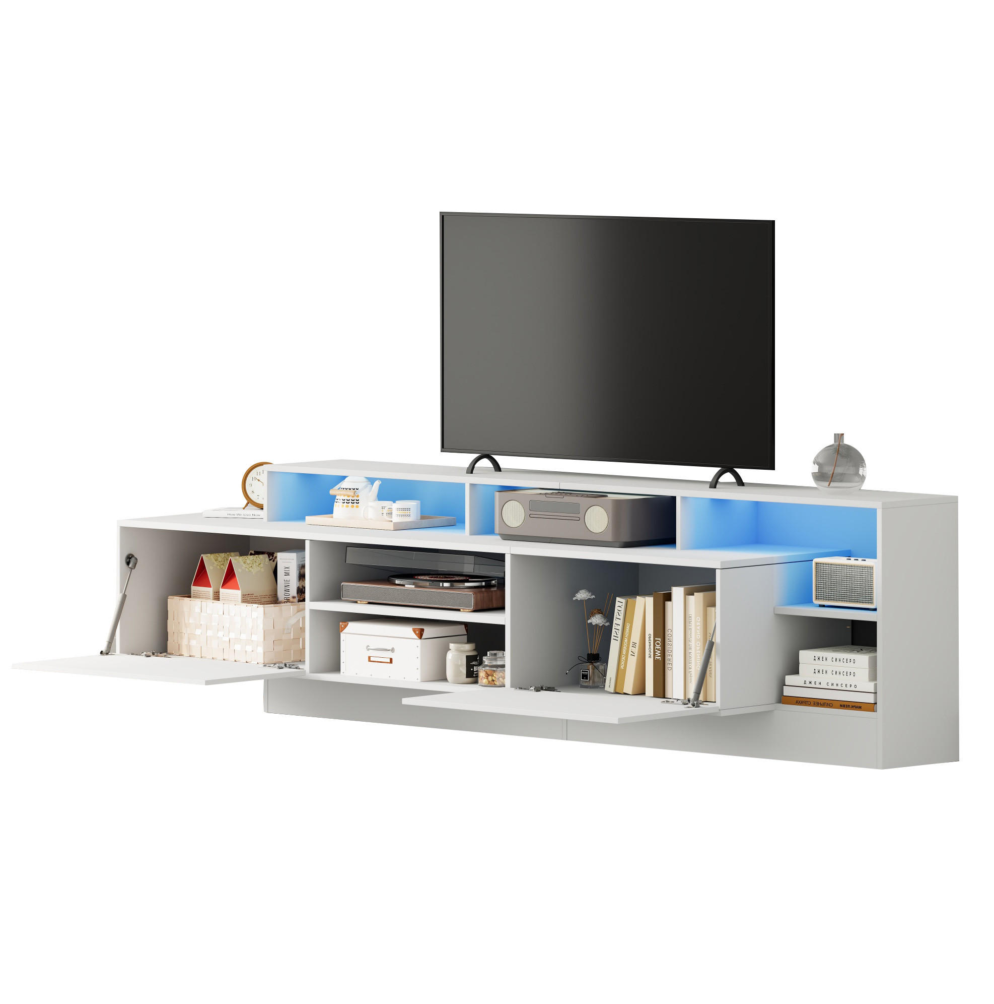 Modfu TV stolek z dřevotřísky 190x48,5x40 cm bílý s LED osvětlením, vysokým leskem a úložným prostorem