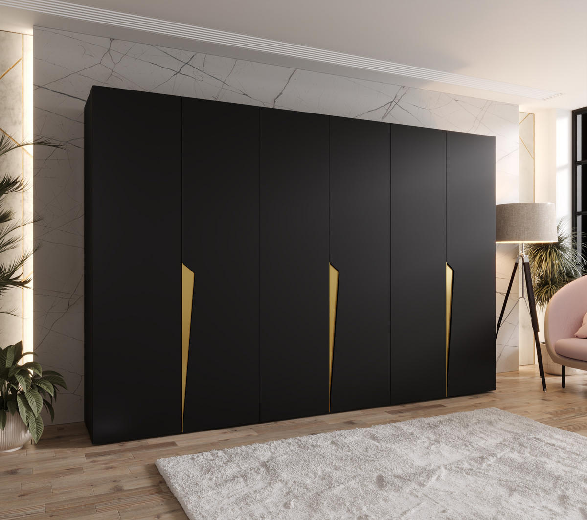 DREHTÜRENSCHRANK 202/300/52 6-türig - Goldfarben/Schwarz, Holz/Metall (300/202/52cm) - Abiks Möbel