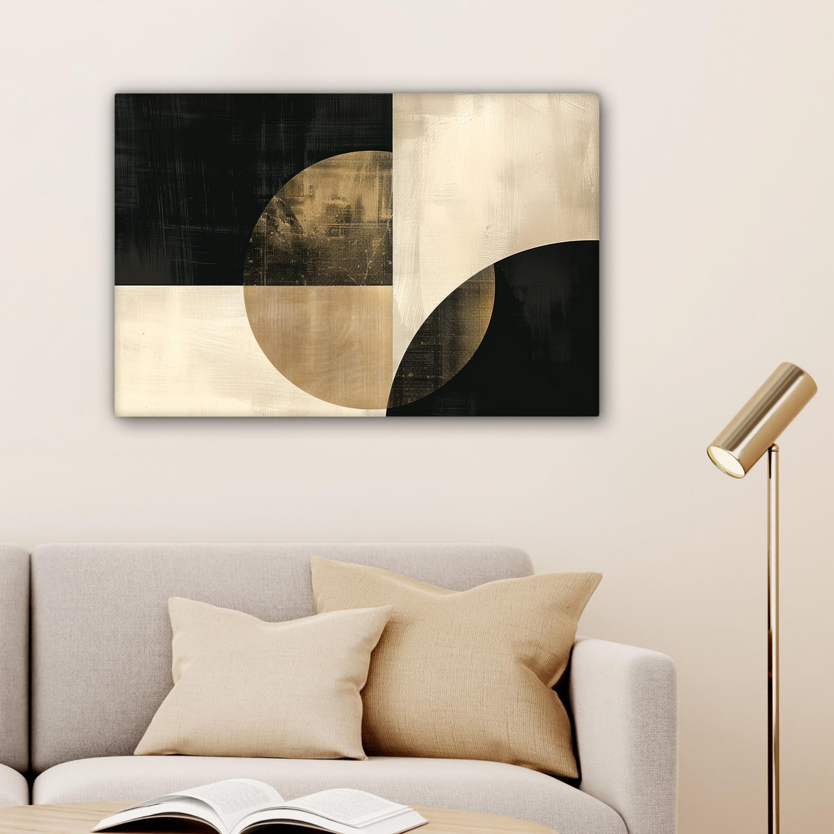 LEINWANDBILD Abstrakt - Geometrische Formen - Schwarz - Gold Gemälde 60x40 cm - Ecru, Textil (60/40cm) - MuchoWow