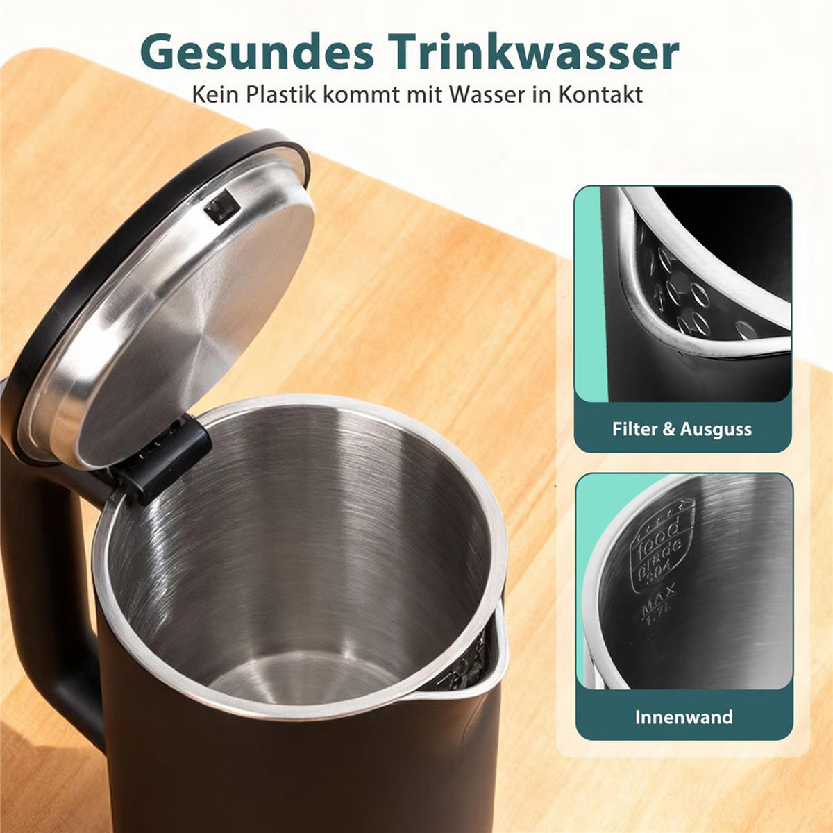 WASSERKOCHER Edelstahl 1,7L – 2200W Doppelwand Schwarz - Schwarz, Metall (1/1/1cm) - Kaket