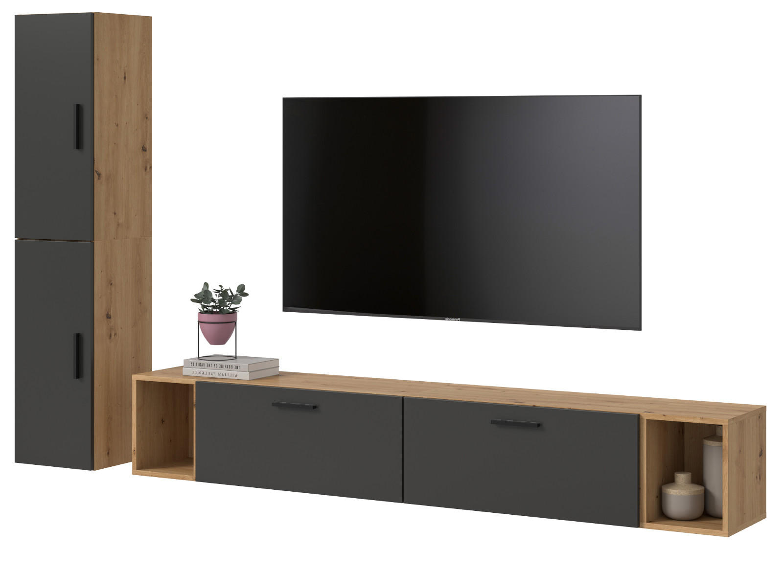 Inn.Furn Wohnwand Eiche Artisan, Grau 249x184x34 cm