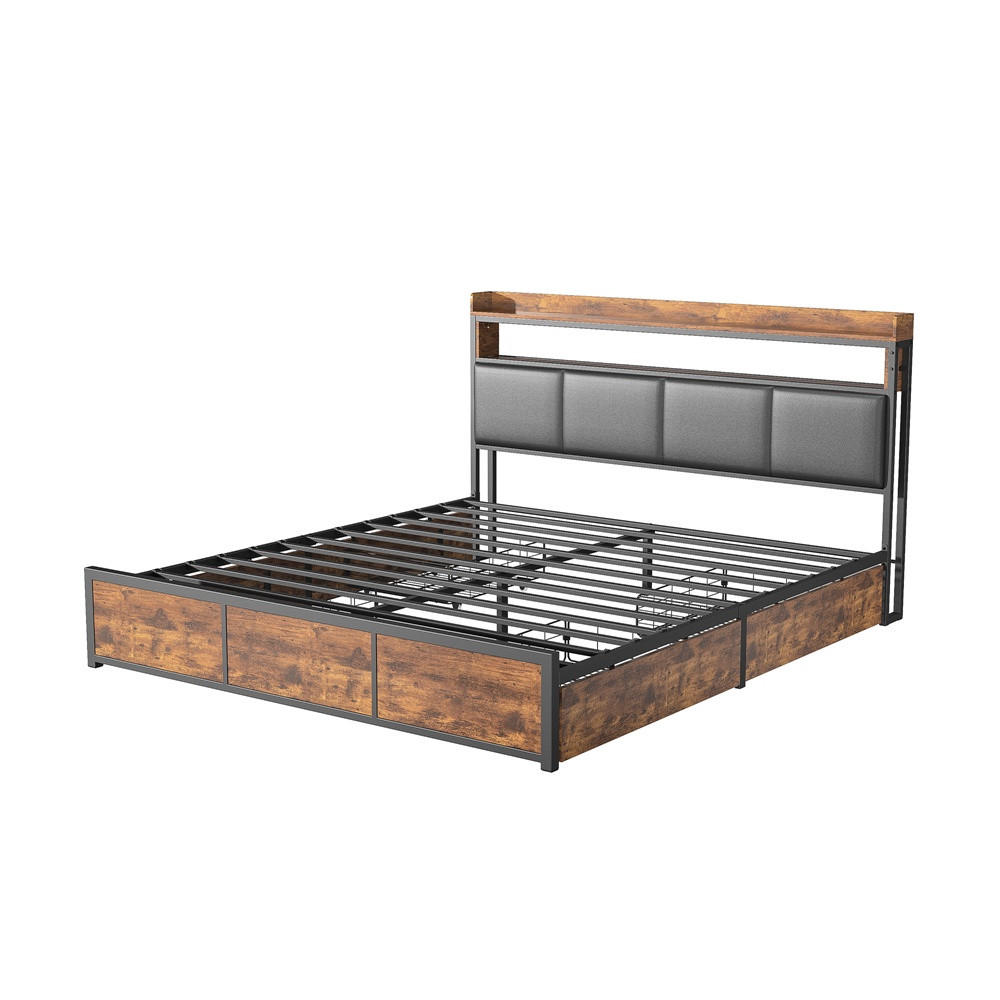 METALLBETT 180x200 cm - Kopfteil Regal & LED Beleuchtung - 4 Schubladen - ohne Matratze - Schwarz & Braun - Braun, Metall (180/200cm) - DELFA