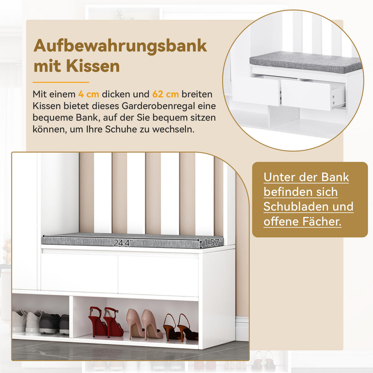 GARDEROBE Weiß Bank 4 Haken Schuhschrank 100x35x180cm - Weiß, Holzwerkstoff (35/180/100cm) - FLIEKS