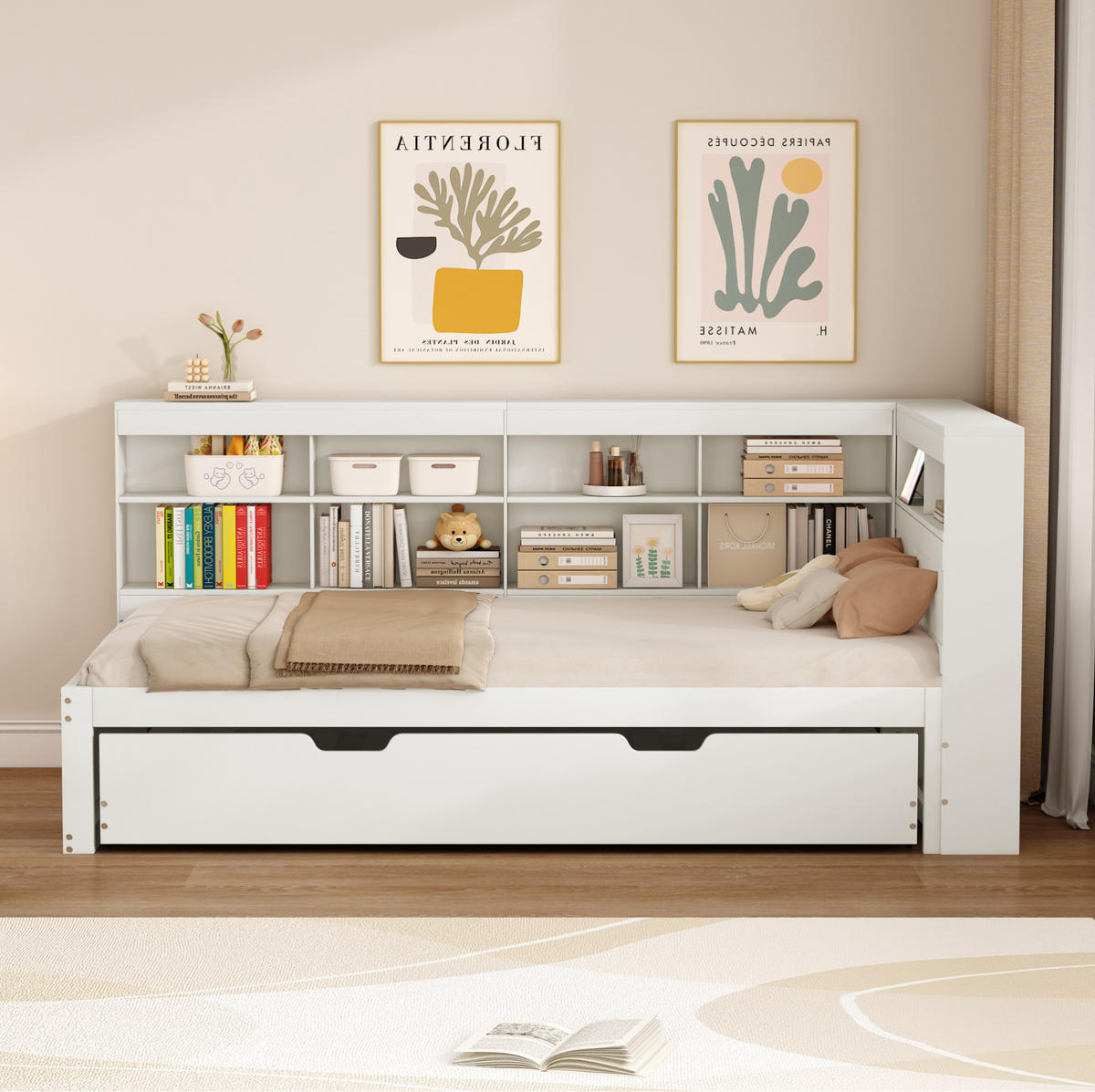 AUSZIEHBETT 90/200 cm aus Holz mit Stauraum und USB-Anschluss, Weiß - Weiß, Holz (90/200cm) - Flora Grace