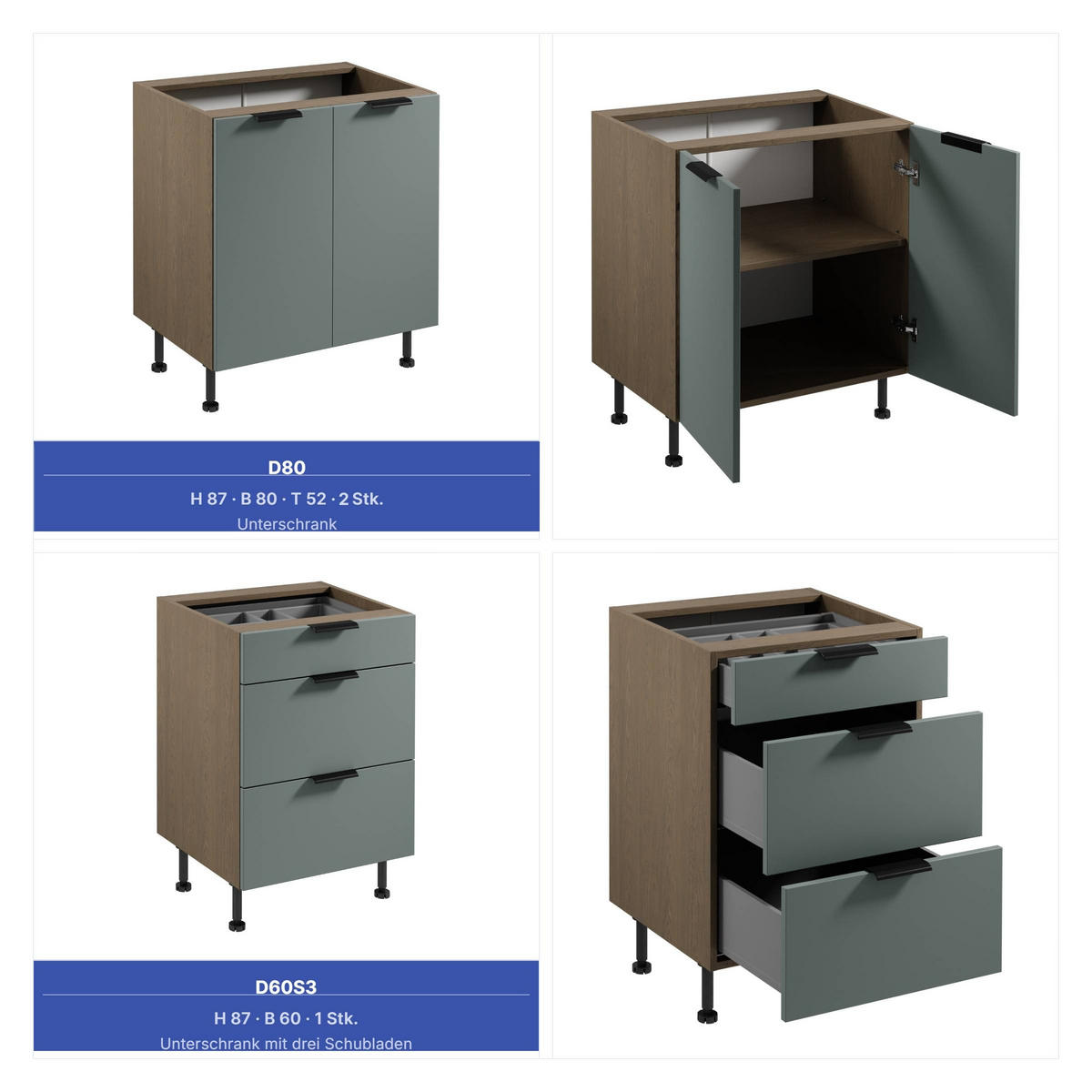 WINKELKÜCHE 385 x 285 cm - Sorento KS11-M385 - in Grün / Dunkle Eiche - Eichefarben/Schwarz, Holz/Metall (670/247/58cm)