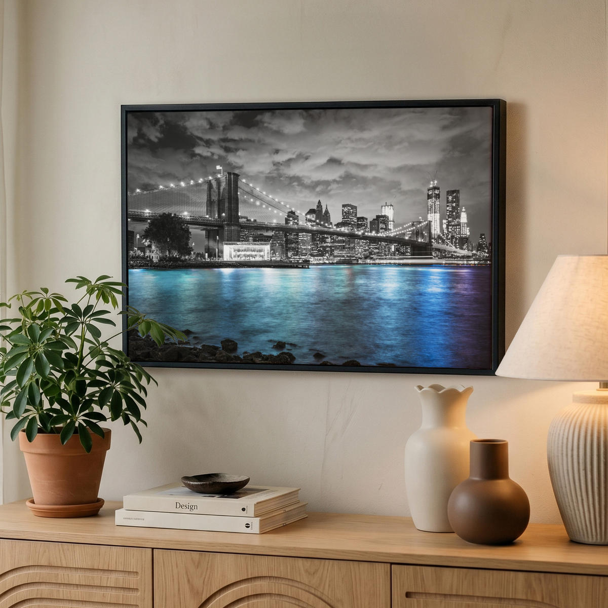LEINWAND Bilder mit Rahmen - New York - Skyline - Stadt - Blau - 60x40 - Blaugrau, Textil (60/40cm) - MuchoWow