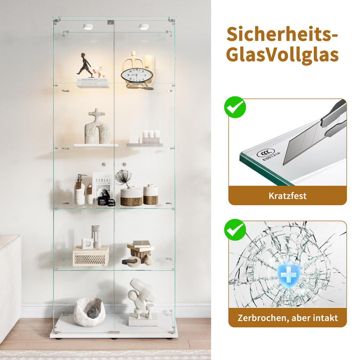 GLASVITRINE mit 5 Glasböden, Touch-LED, zweitürig mit Schloss, Weiß - Weiß, Glas (36.5/183/80.6cm) - BRILVERDE