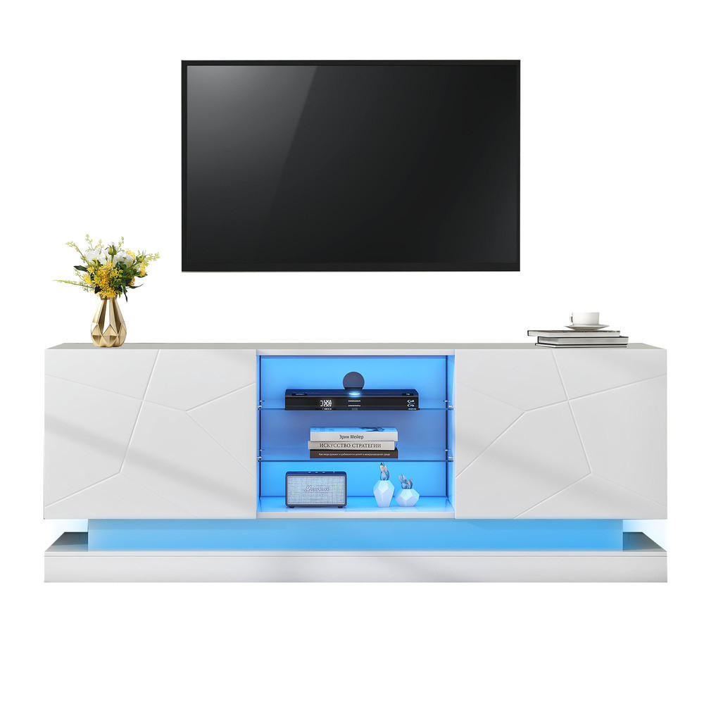 COMODA TV 160cm Alba mata cu raft din sticla reglabil