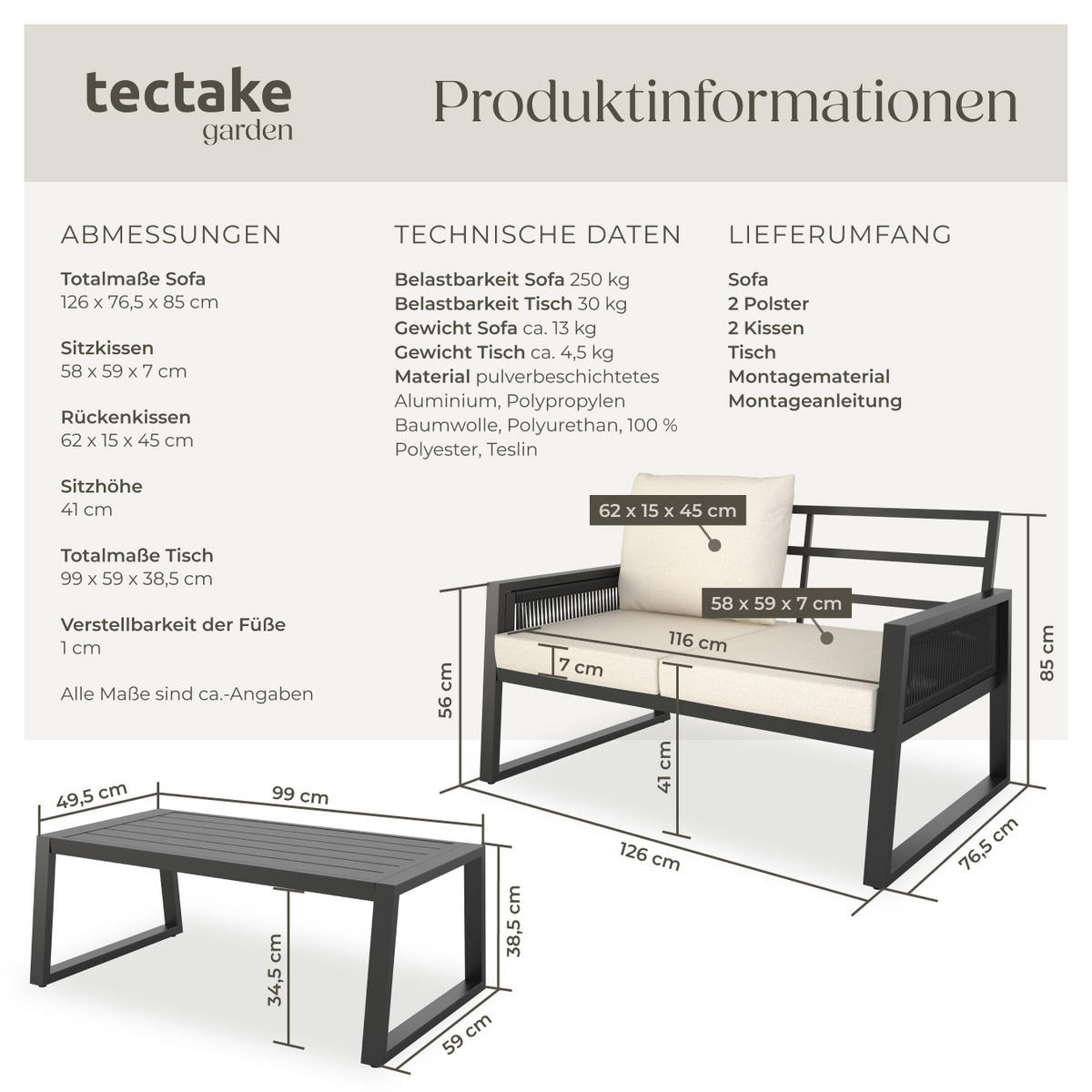 GARTENLOUNGE-SET Captive,höhenverstellbare Füße,anthrazit - Anthrazit, Kunststoff/Metall - tectake