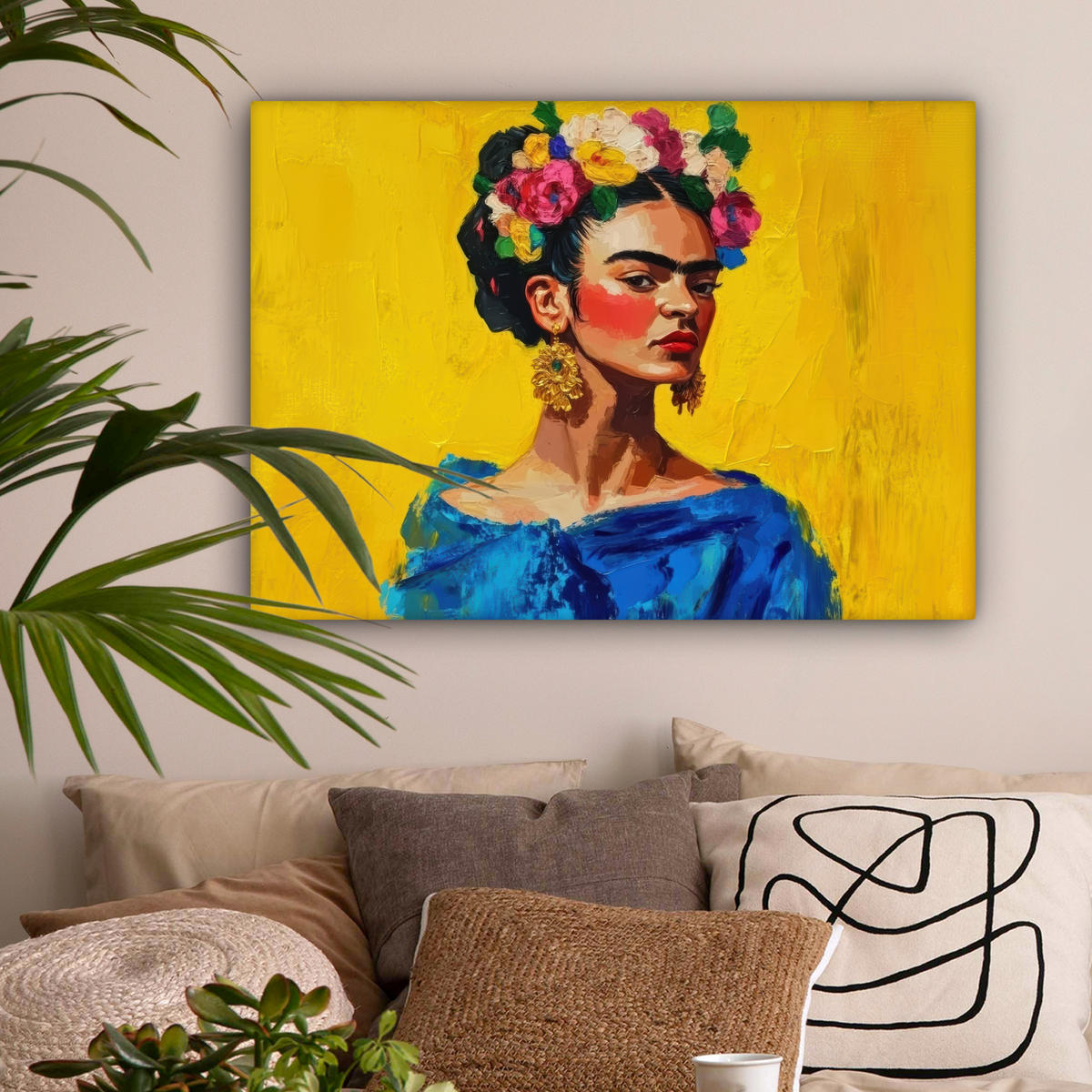 LEINWANDBILD Frida Kahlo - Frau - Gelb - Blau - Blumen Wandbilder 80x60 cm - Gelb, Textil (80/60cm) - MuchoWow