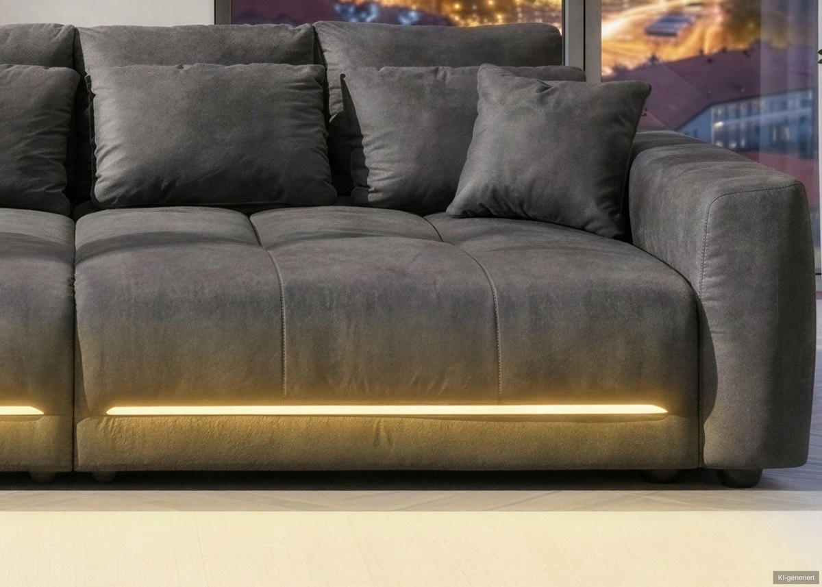 BIG-SOFA Federkern B294/T136/H86 cm, RGB-LED-Beleuchtung mit Fernbedienung, Mikrofaserstoff in Anthrazit / 15415 - Anthrazit/Schwarz, Kunststoff/Textil (294/86/136cm) - luma-home