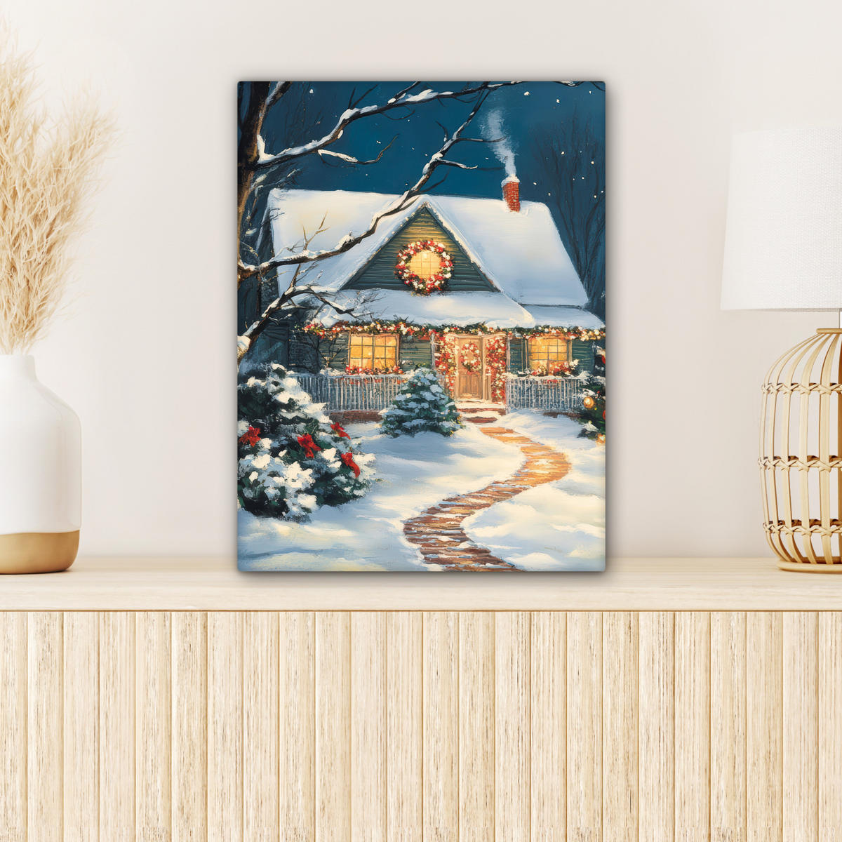 LEINWANDBILD Weihnachten - Weihnachtsbaum - Winter - Zuhause - Schnee 30x40 cm - Smaragdgrün, Textil (30/40cm) - MuchoWow