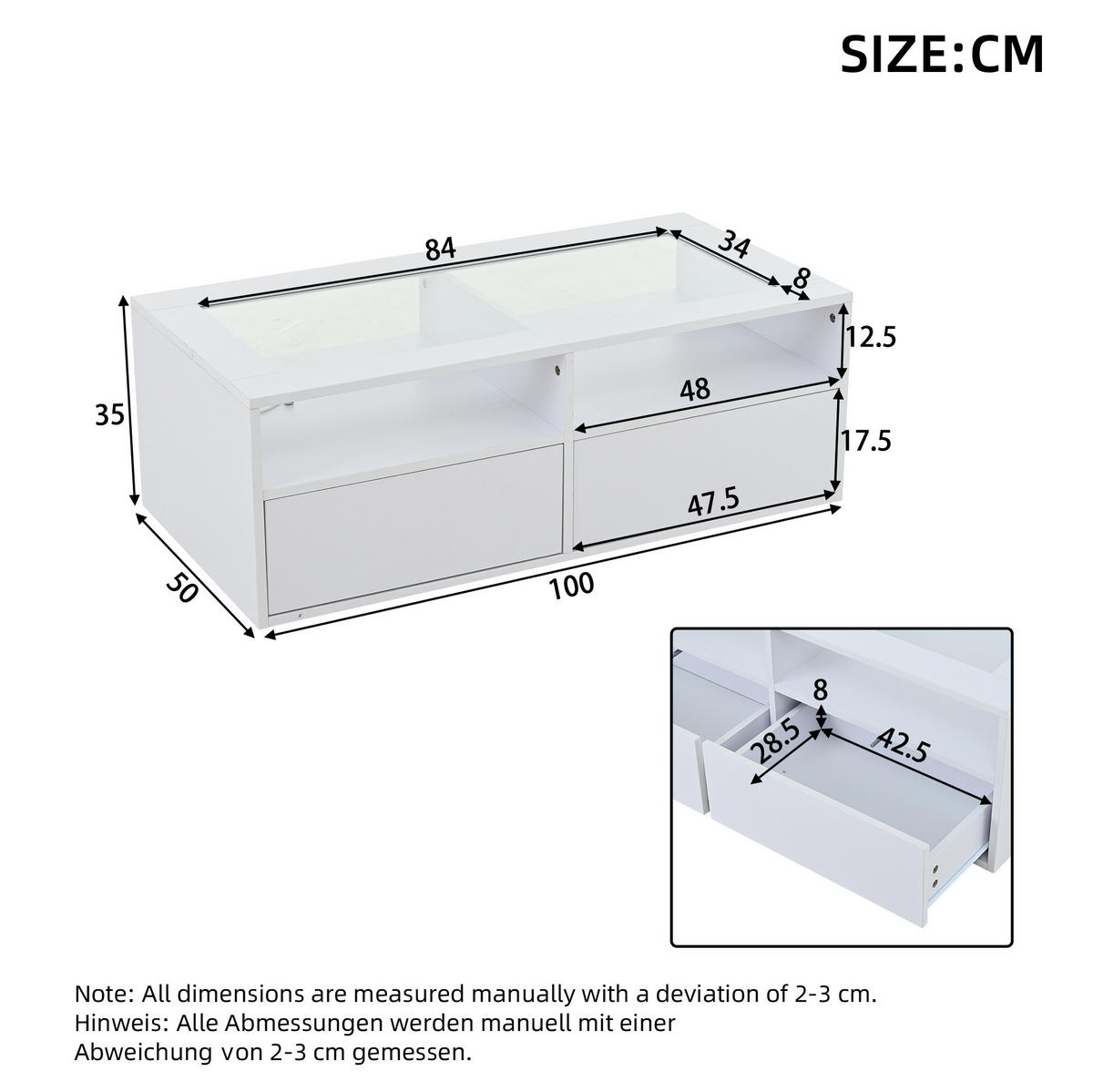 COUCHTISCH 100/50/35 cm Weiß aus Glas und Holzwerkstoff mit LED-Beleuchtung und 2 Schubladen - Weiß, Glas (100/50/35cm) - OKWISH