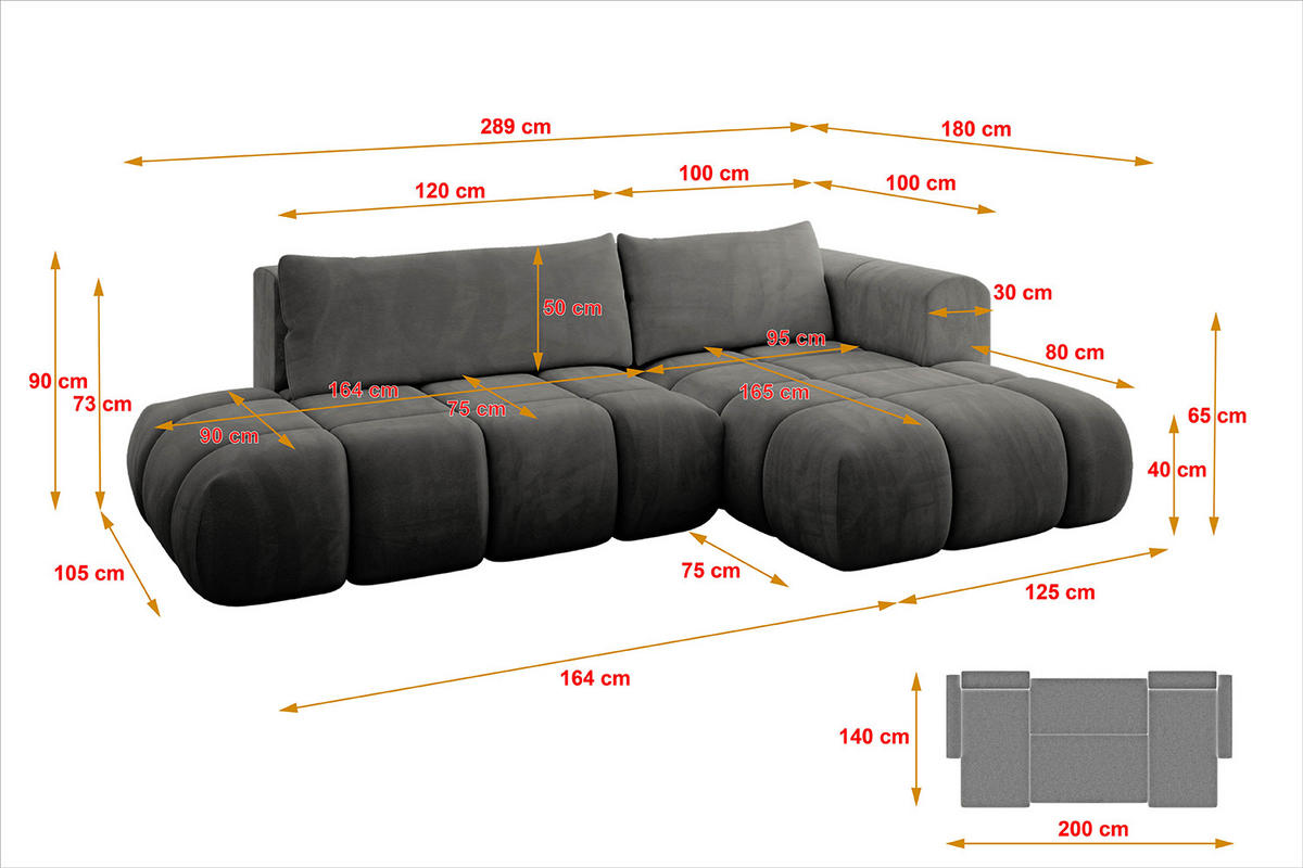 ECKSOFA Ottomane Rechts CLOUD-L 289x180x40 Dunkelgrau Velours - Dunkelgrau, Holzwerkstoff/Kunststoff (289/180cm) - ALTDECOR