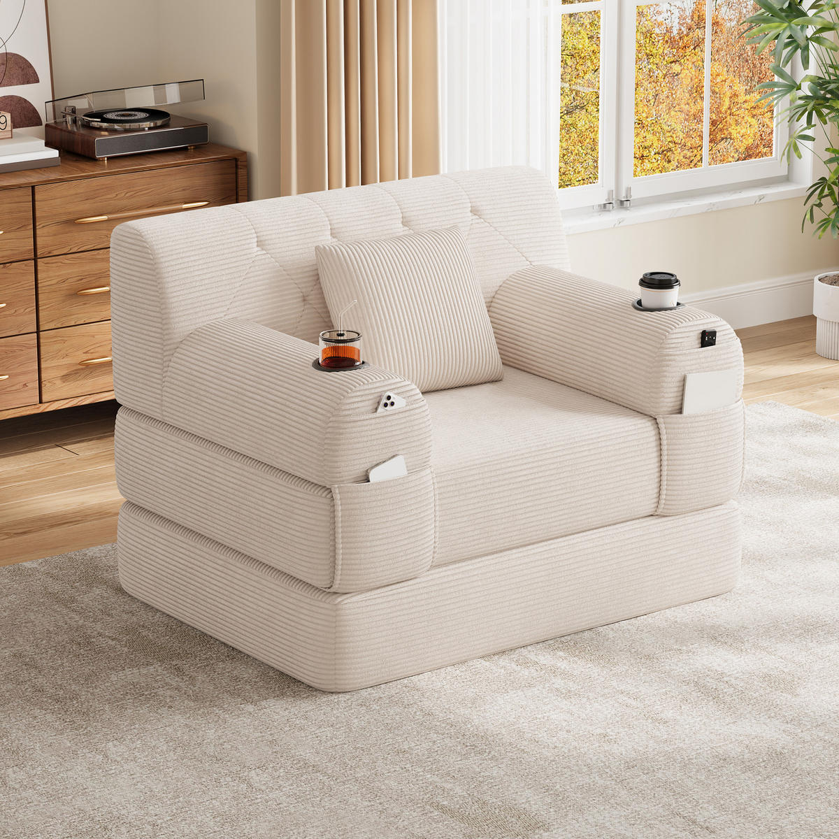 SCHLAFSESSEL Cord komprimiert, DE-42543, Beige - Beige, Metall (107/81/80cm) - ComfortXL