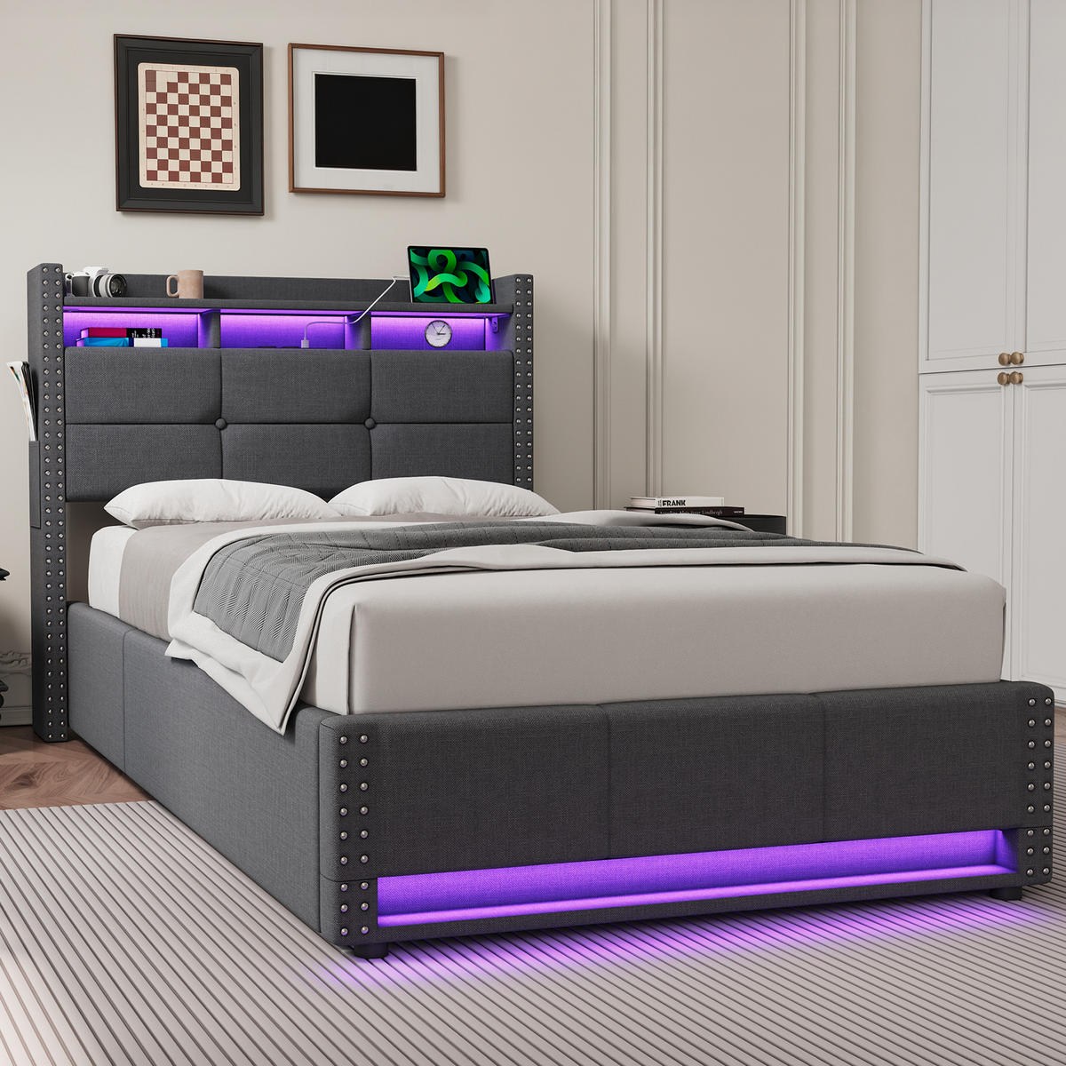 POLSTERBETT 90/200 cm Dunkelgrau mit LED & USB - Dunkelgrau, Textil (90/200cm) - Flora Grace