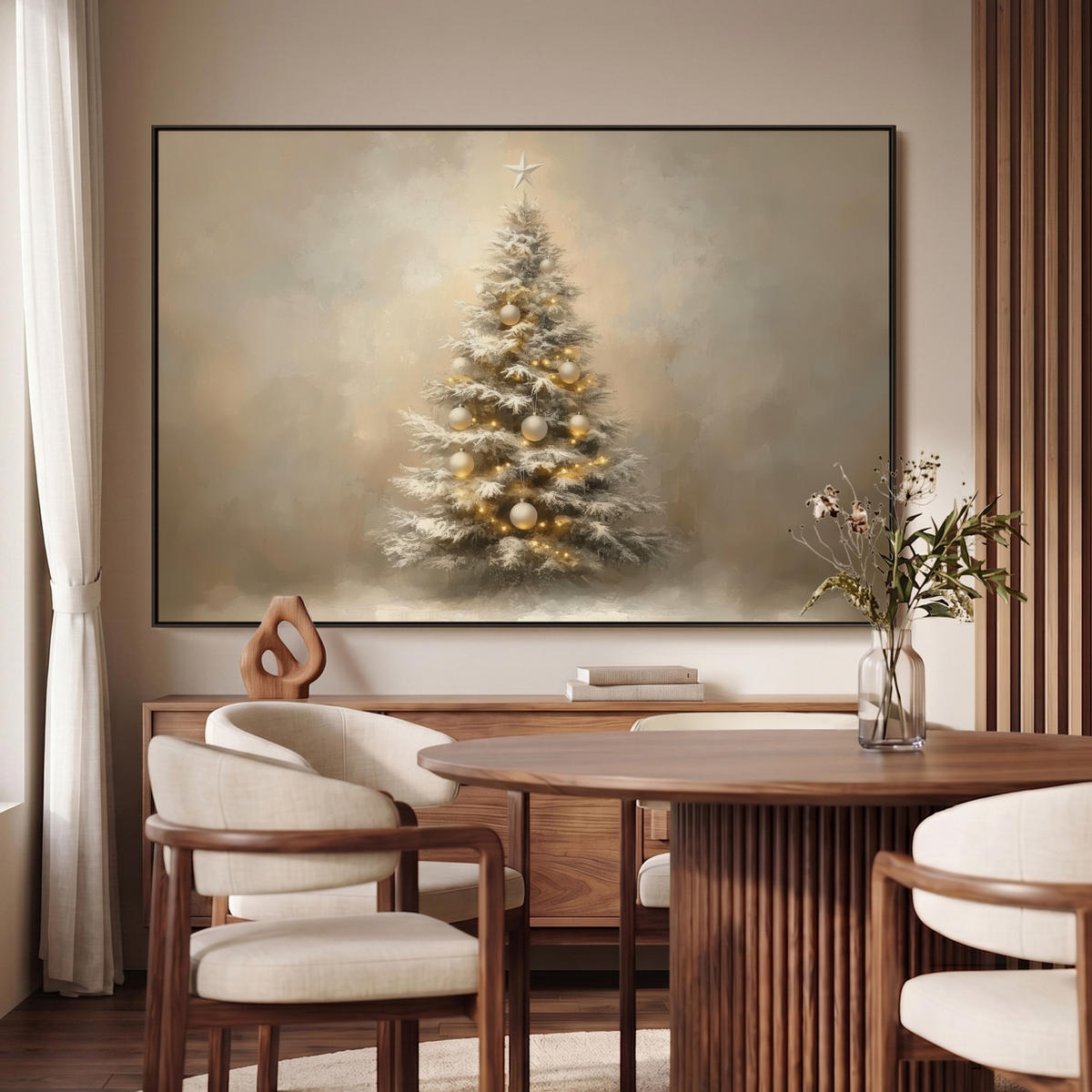 LEINWAND Bilder mit Rahmen - Weihnachten - Weihnachtsbaum - Schnee - Kunst - 140x90 - Champagner, Textil (140/90cm) - MuchoWow