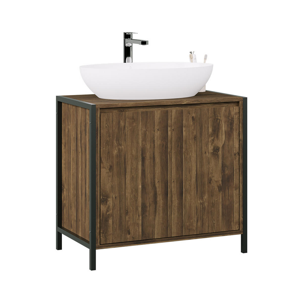 WASCHBECKENUNTERSCHRANK Naola Eiche/Schwarz 70 x 65 cm mit 2 geschlossenen Ablagefächern - Eichefarben/Schwarz, Holzwerkstoff (70/65/40cm) - Vicco
