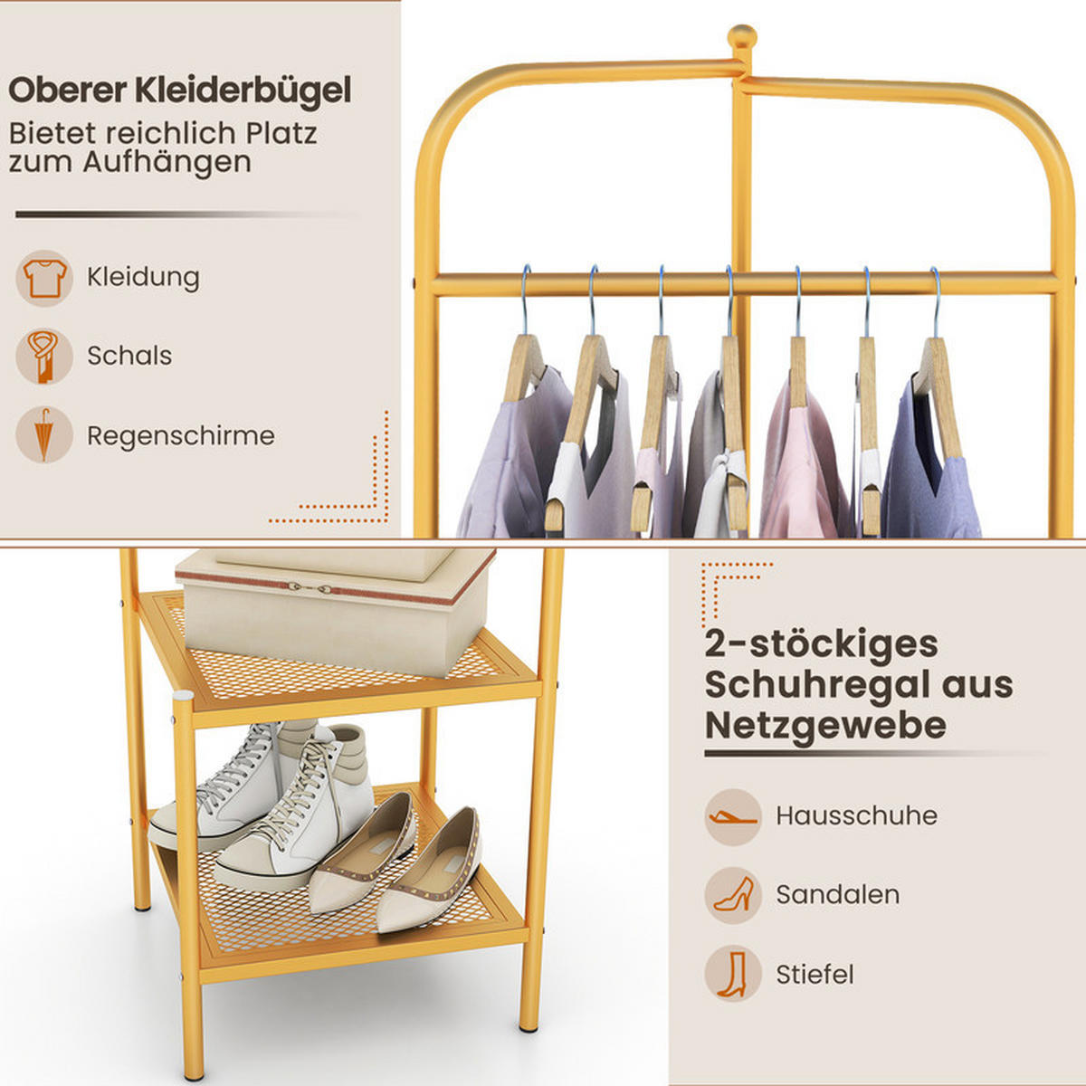 ECK-GARDEROBENSTÄNDER mit oberem Haken golden - Goldfarben, Metall (42.5/193.5/42.5cm) - COSTWAY