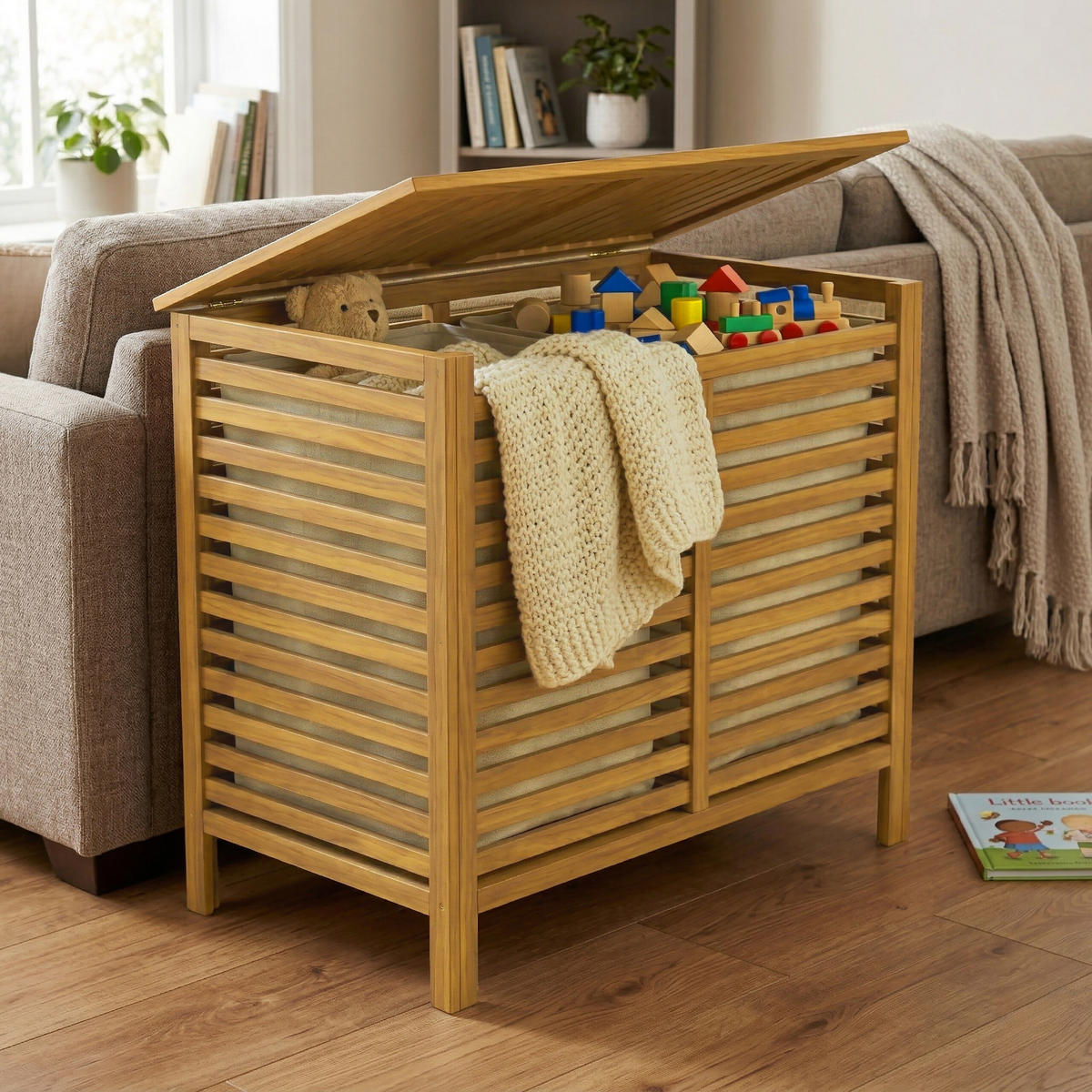 WÄSCHESAMMLER Natur Walnussholz 2 Fächer 150 L - Hellbraun, Holz/Textil (89/67.5/46.5cm) - Relaxdays