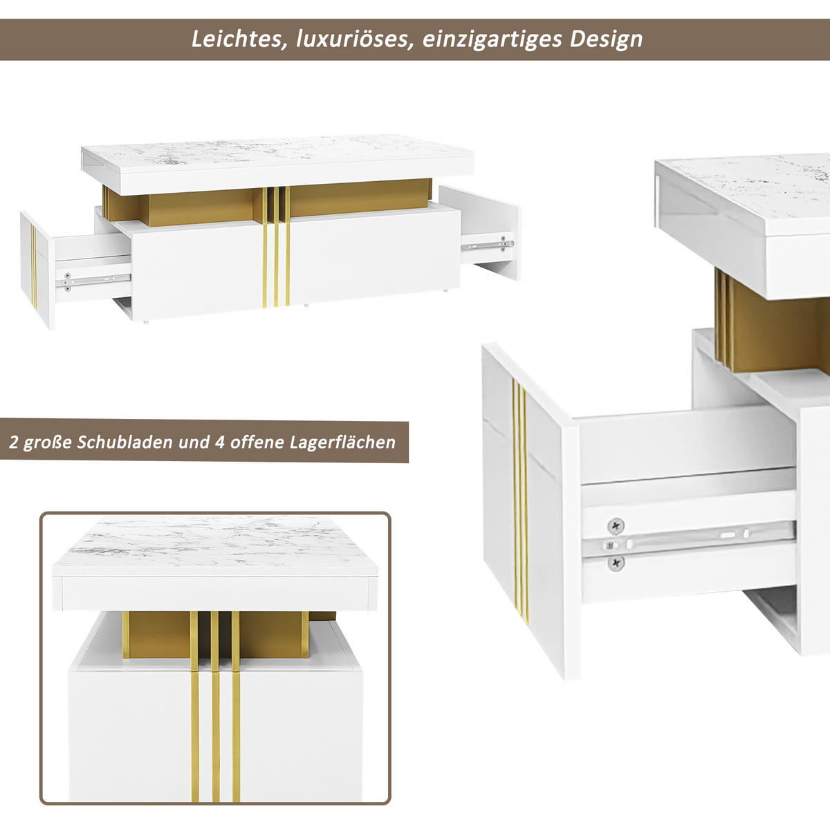 TV-ELEMENT mit Couchtisch - Kombination 2er-Set Marmor-Optik in Weiß und Gold - Weiß, Holzwerkstoff (200/42/40cm) - OKWISH