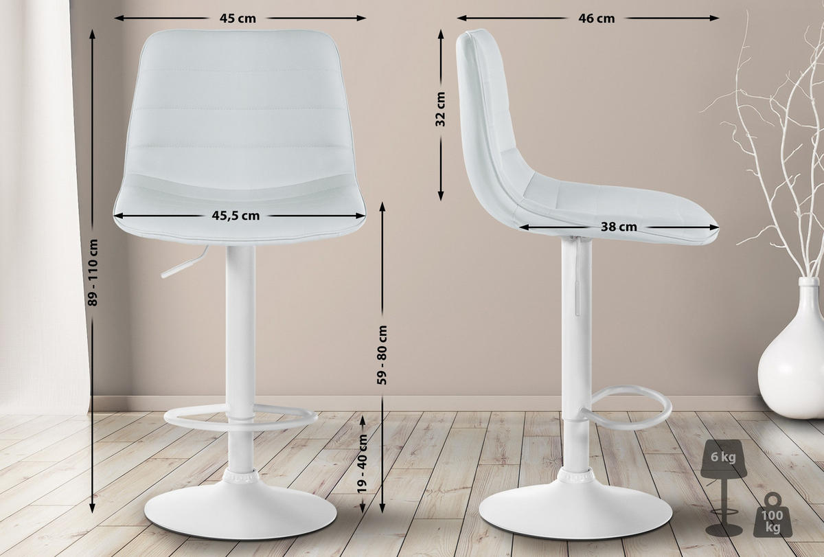 BARHOCKER 2er Set Lederlook weiß - Weiß, Textil/Metall (45/89/46cm) - CLP