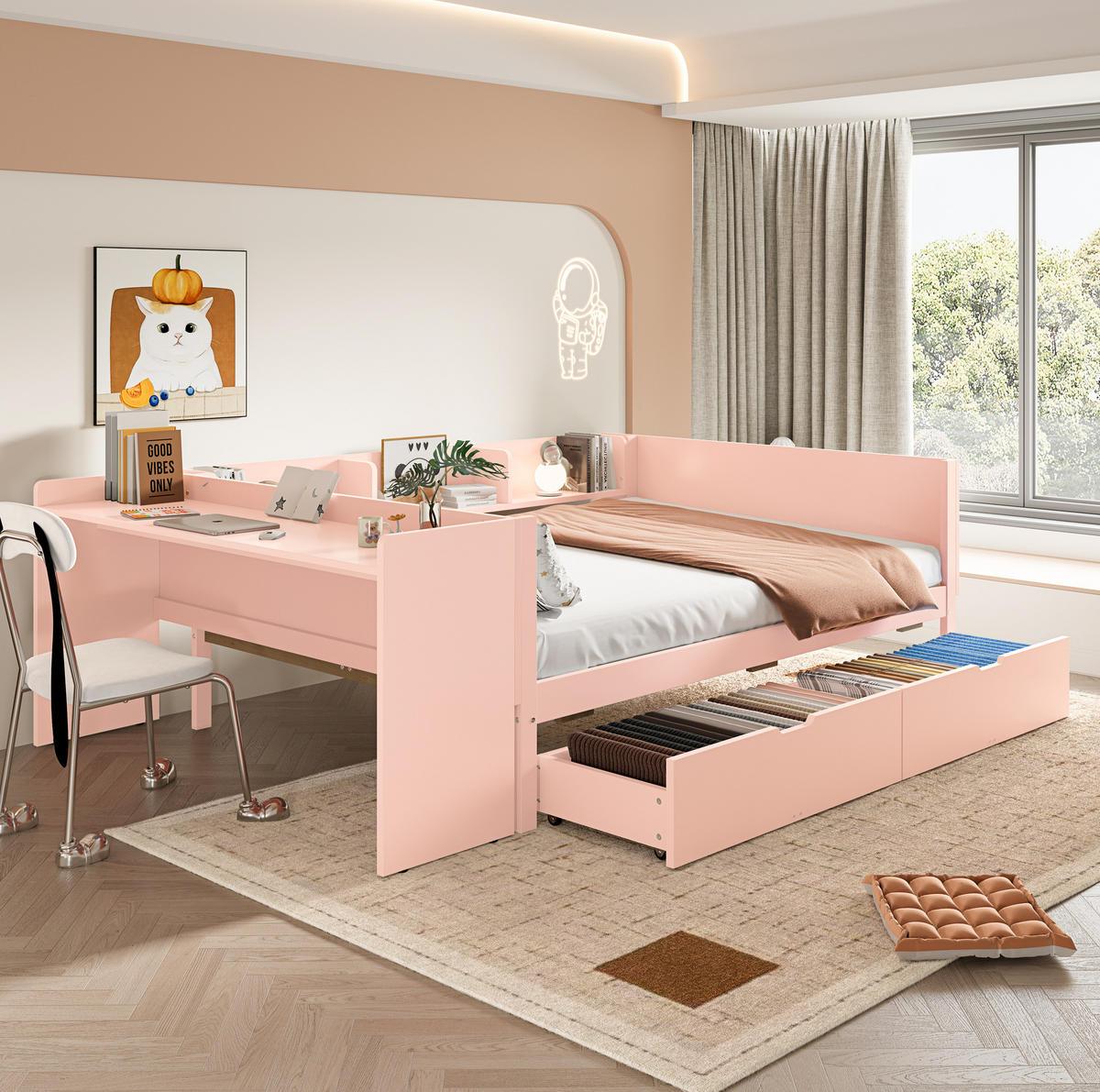 BETT 140/200 cm aus Kiefernholz mit Schreibtisch, Rosa - Pink, Holz (140/200cm) - OKMYHOME