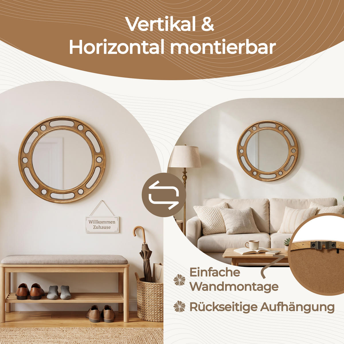 RUNDER Gummiholz Spiegel Natur Ø60×H60cm für Flur Bad Wohnzimmer - Erlefarben, Naturmaterialien (3.5/60/60cm) - Hometopia