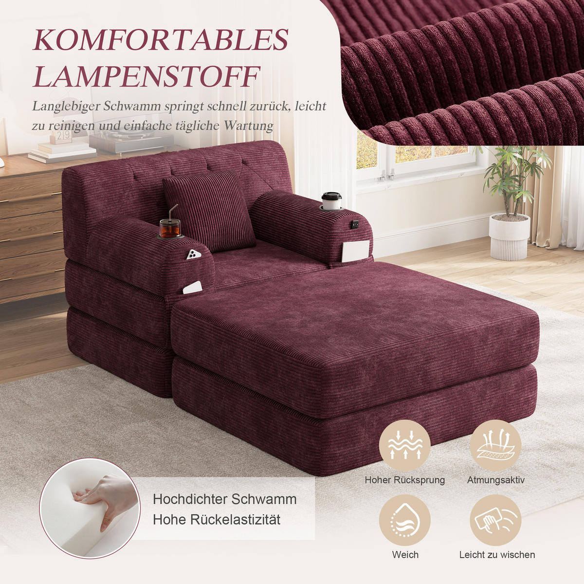 SCHLAFSOFA mit Hocker, Liegefunktion, Getränkehaltern und Seitentaschen in Weinrot aus Cord - Weinrot, Textil (191/60/162cm) - EVRYAE