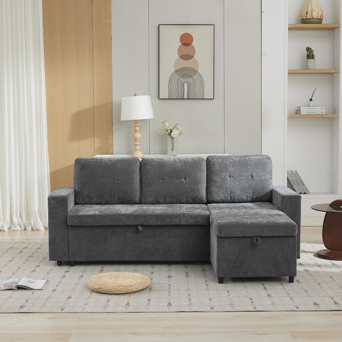 ECKSOFA L Form Stauraum 3-Sitzer Chenille Grau 202cm - Grau, Textil (202/136cm) - FLIEKS
