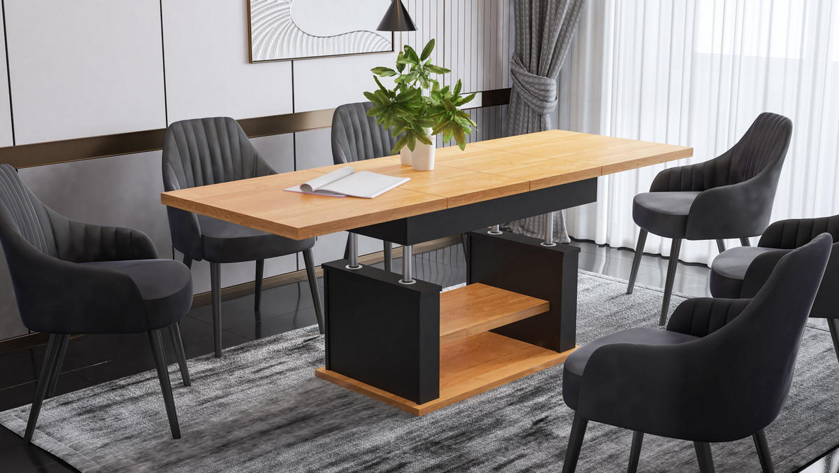 COUCHTISCH rechteckig Erle - Schwarz ausziehbar höhenverstellbar - Erlefarben/Schwarz, Holzwerkstoff (70/120/60cm) - designimpex