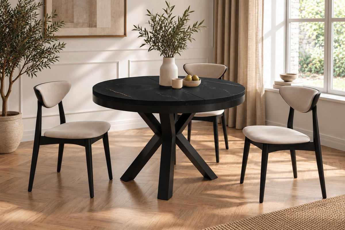 ESSTISCH Clara runder ausziehbarer, Marmor Schwarz Kupfer 100-180/100/76 cm - Schwarz/Kupferfarben, Holzwerkstoff/Metall (100/180/76cm) - WFL GROUP