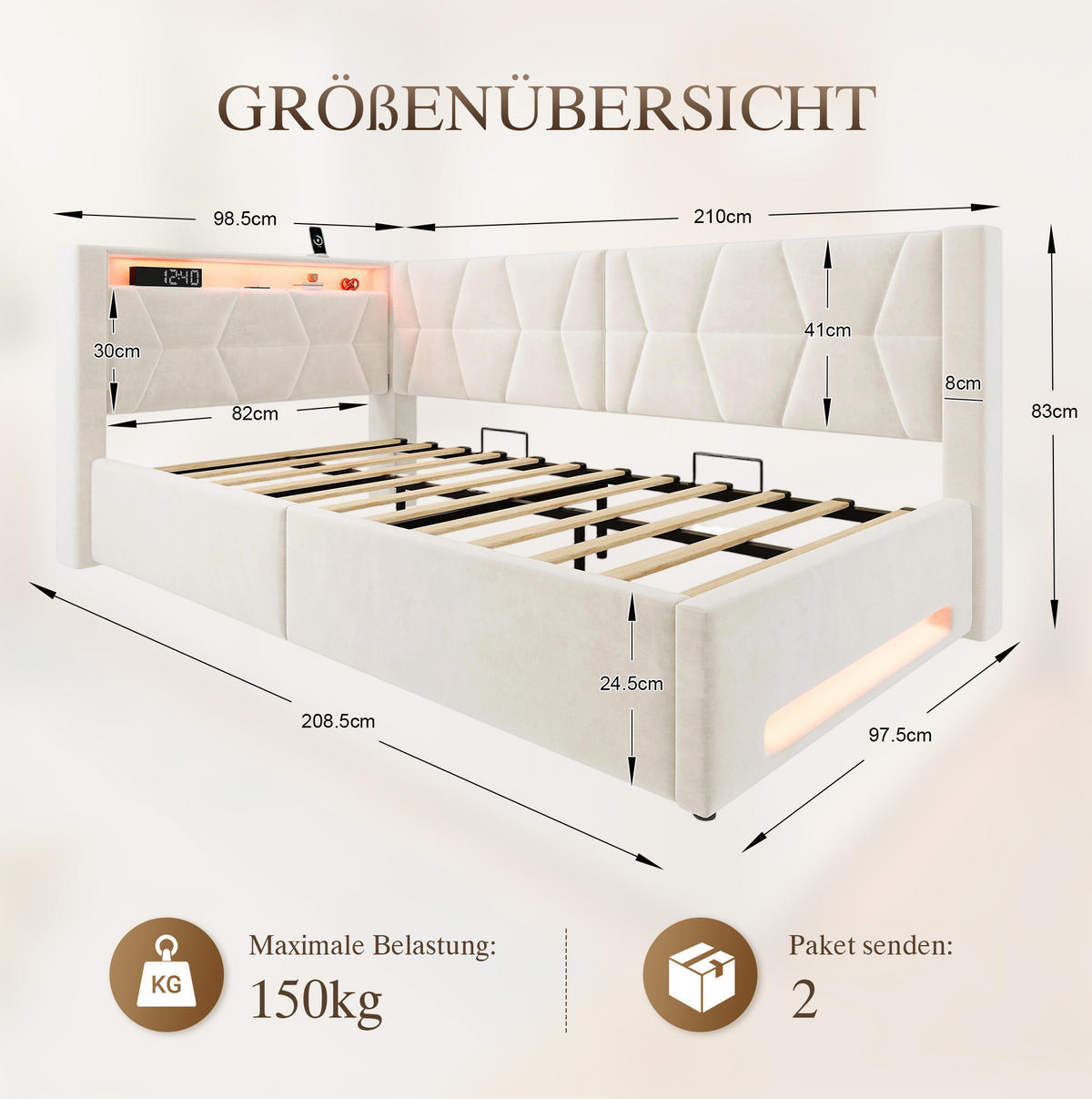 POLSTERBETT 90/200 cm in Beige mit Stauraum, LED-Beleuchtung und USB-Anschlüssen - Beige, Metall (90/200cm) - Flora Grace