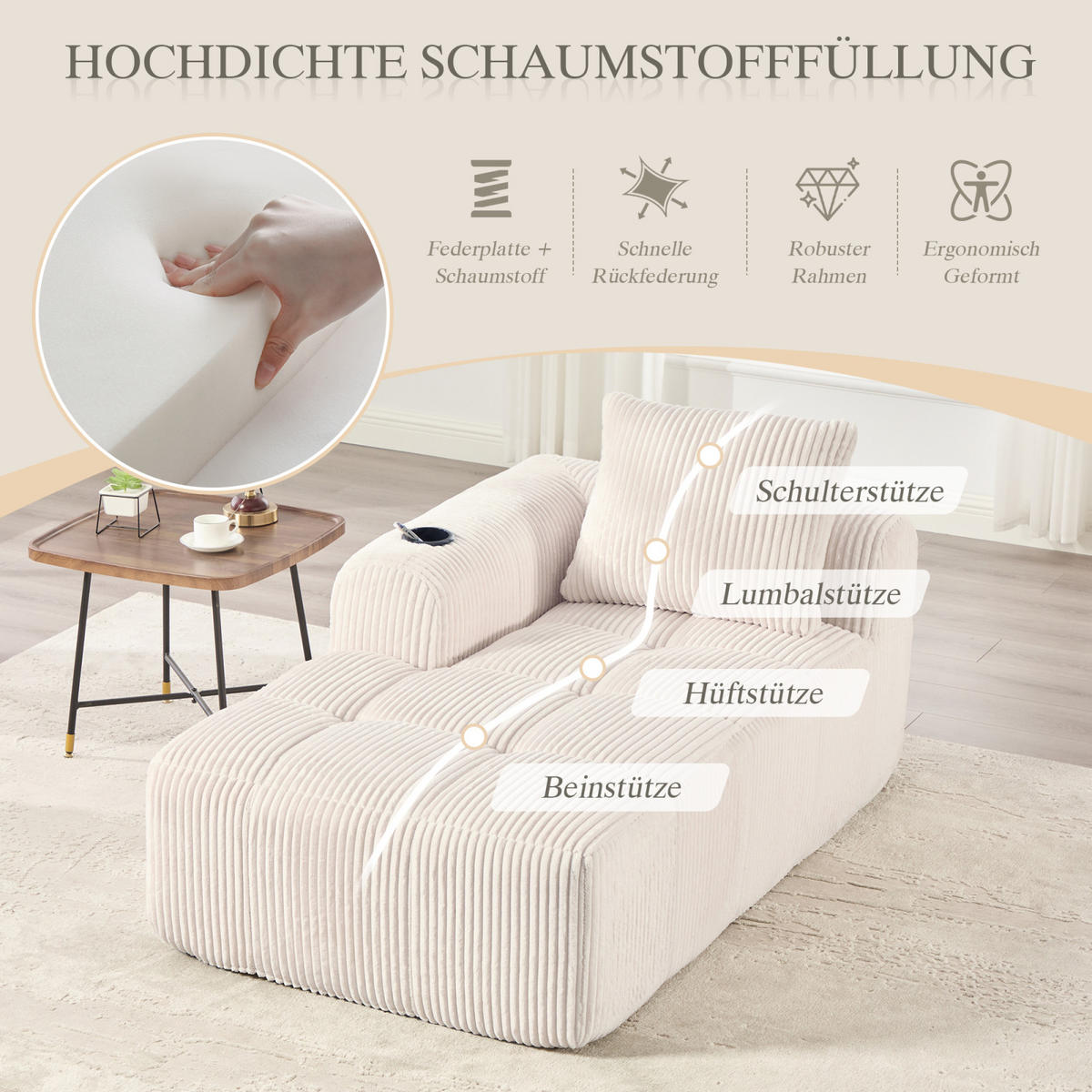 SOFA Beige, Relaxsessel Cord mit Getränkehalter und Seitentasche, ohne Montage - Beige, Textil (158/61/93cm) - PARAFTA HOME