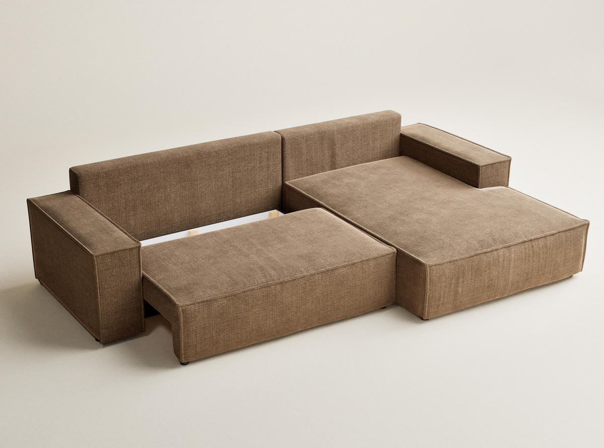 ECKSOFA Maze Hellbraun Chenille-Stoff - Rechts Seite - Hellbraun/Schwarz, Holz/Holzwerkstoff (294/185cm) - Maison de Reve