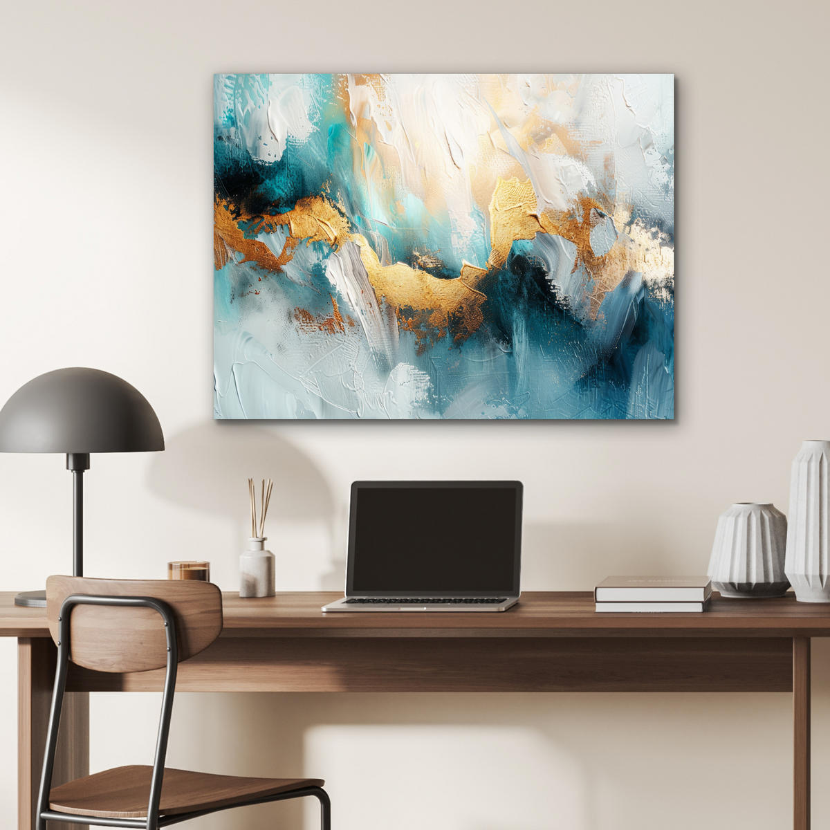KOVOVÝ OBRAZ Abstraktné - umenie - zlaté - modré 80x60 cm - petrolejová, kov (80/60cm) - MuchoWow