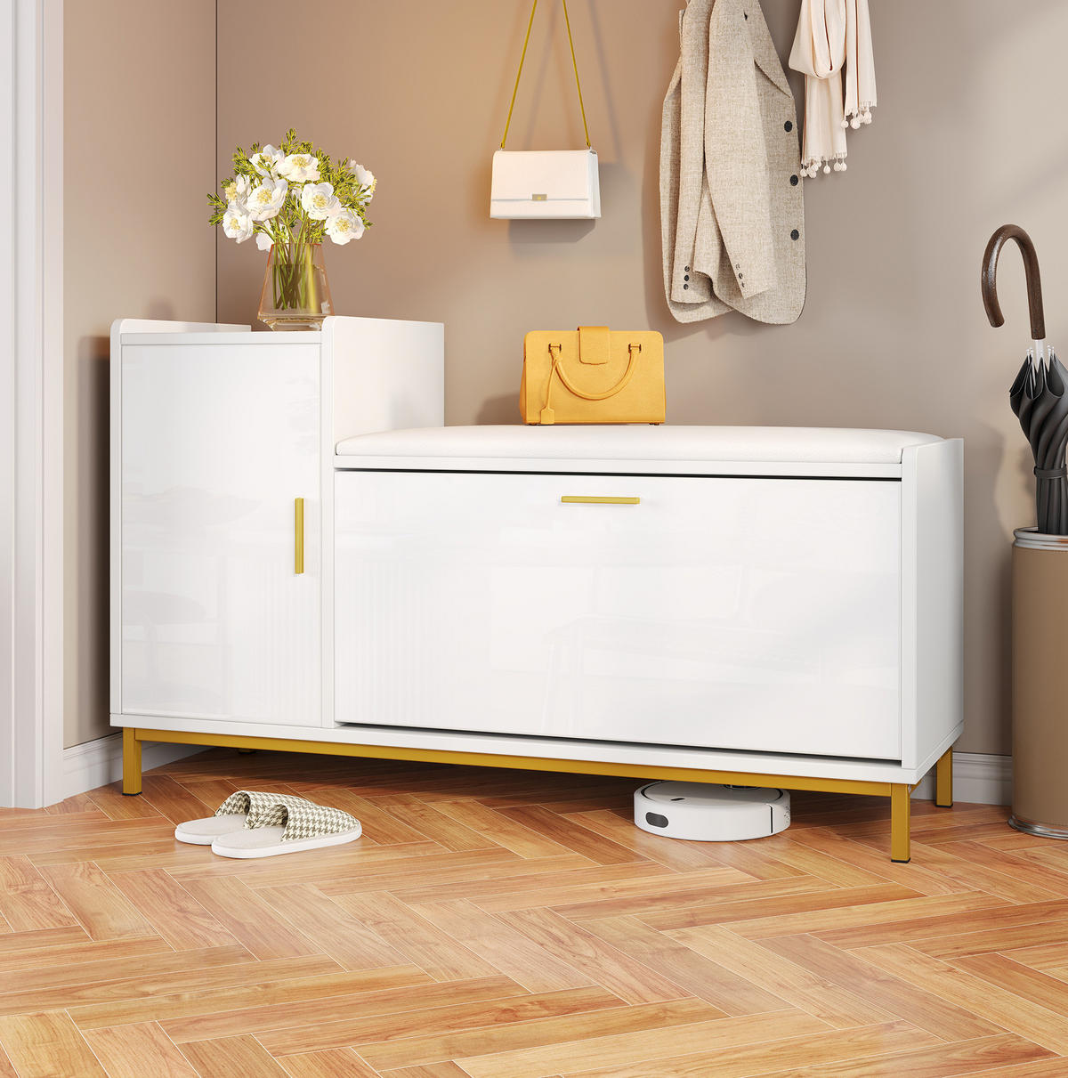 SCHUHSCHRANK 100/38/68 cm in Weiß/Gold mit Sitzkissen und Hochglanzfront - Weiß, Holzwerkstoff (100/68/38cm) - Flora Grace